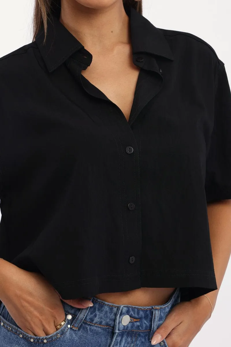Black Relaxed Shirt Short Sleeve Collared Cupro Blend