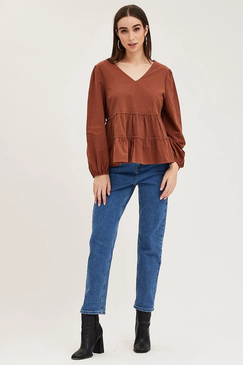Brown Ruffle Top Long Sleeve