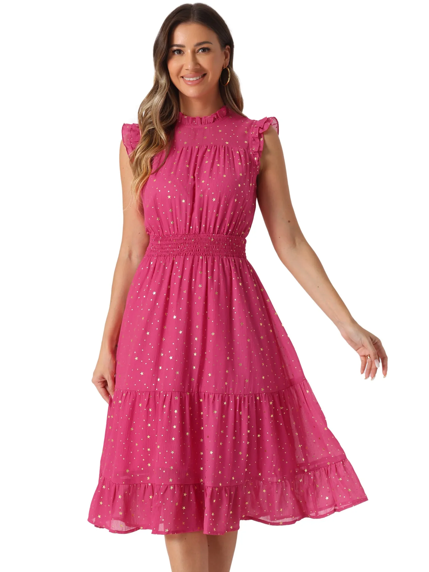 Chiffon Sleeveless Smocked Waist Gilding Metallic Stars Party Dress
