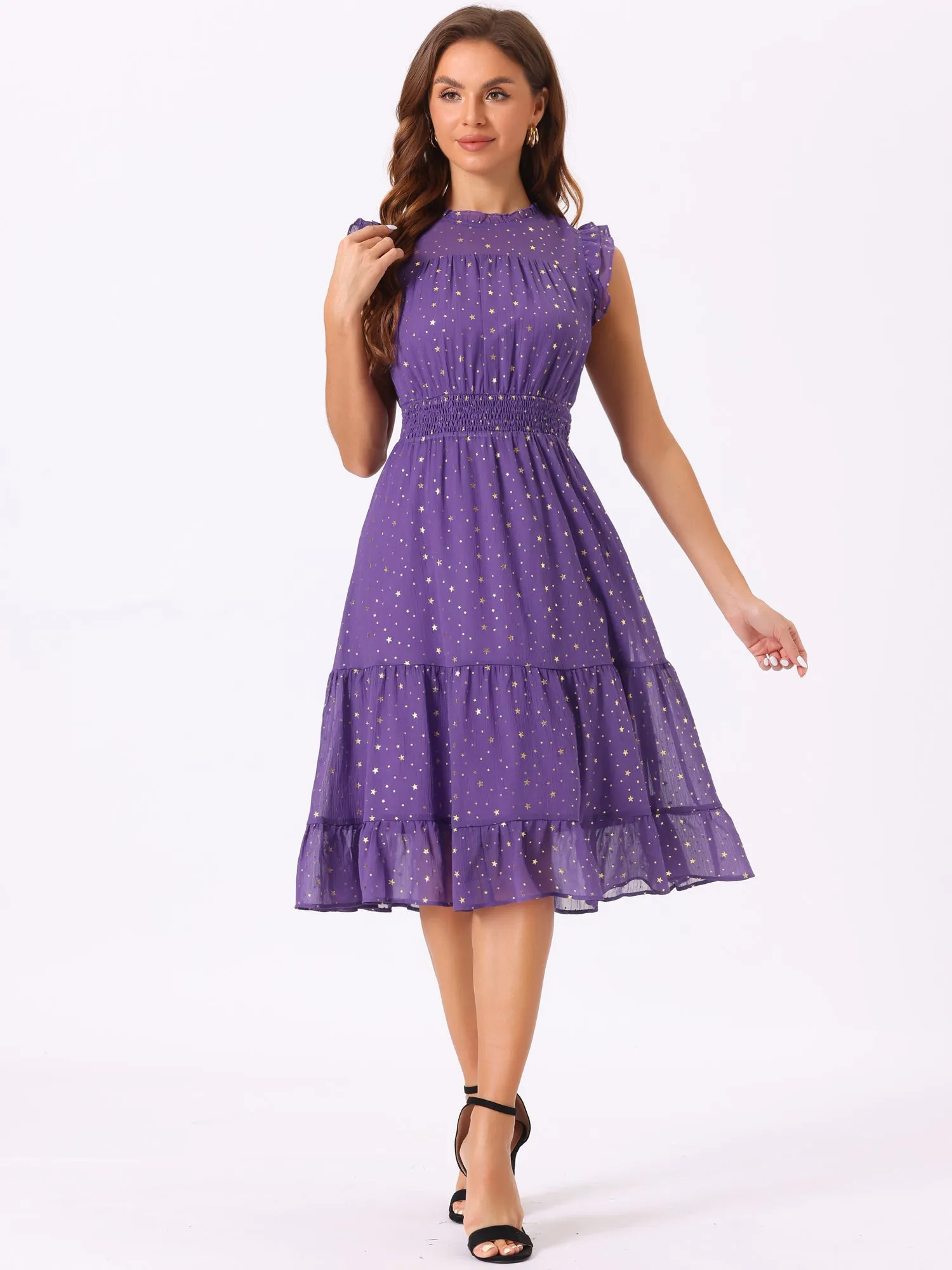 Chiffon Sleeveless Smocked Waist Gilding Metallic Stars Party Dress