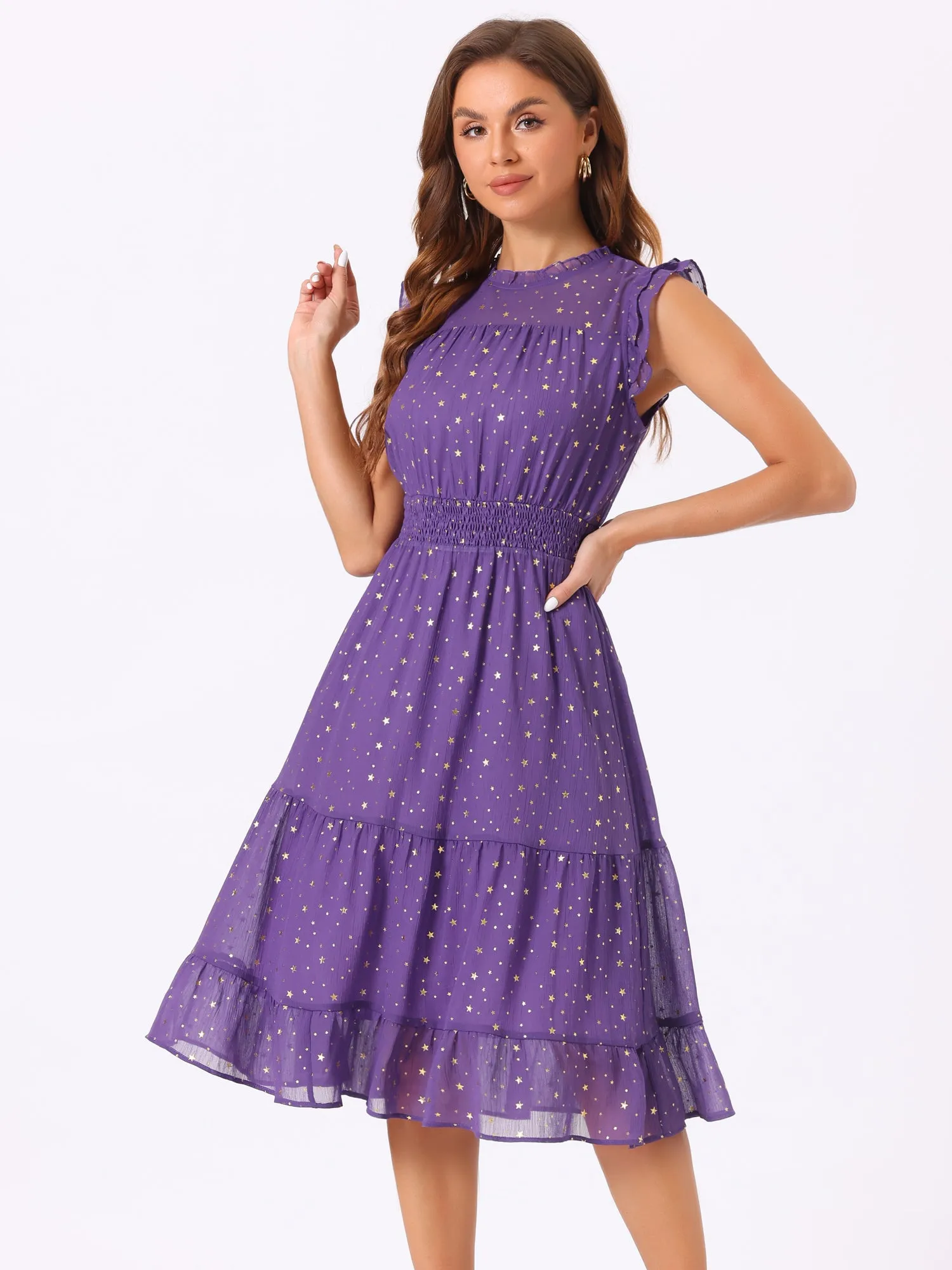 Chiffon Sleeveless Smocked Waist Gilding Metallic Stars Party Dress