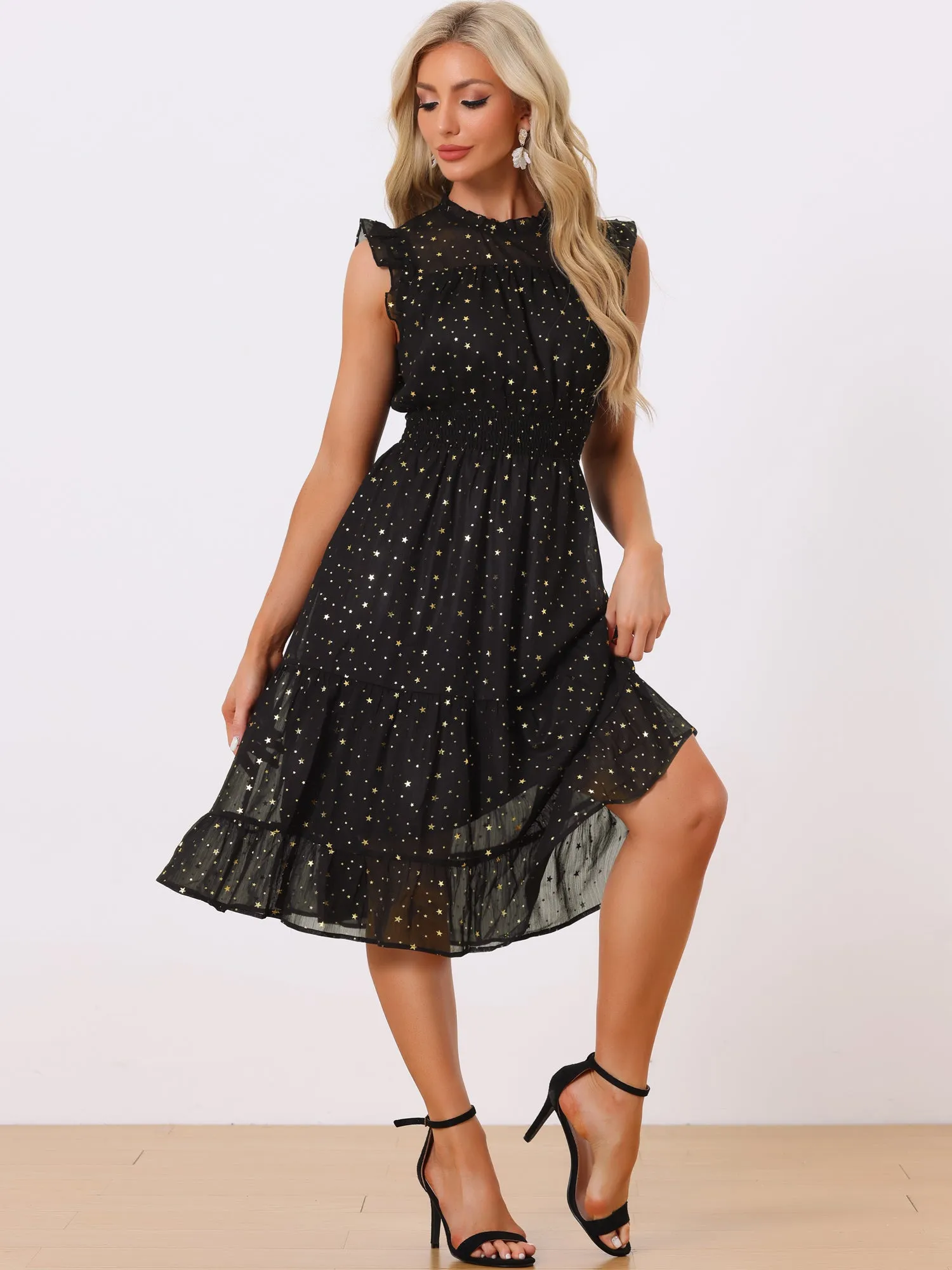 Chiffon Sleeveless Smocked Waist Gilding Metallic Stars Party Dress