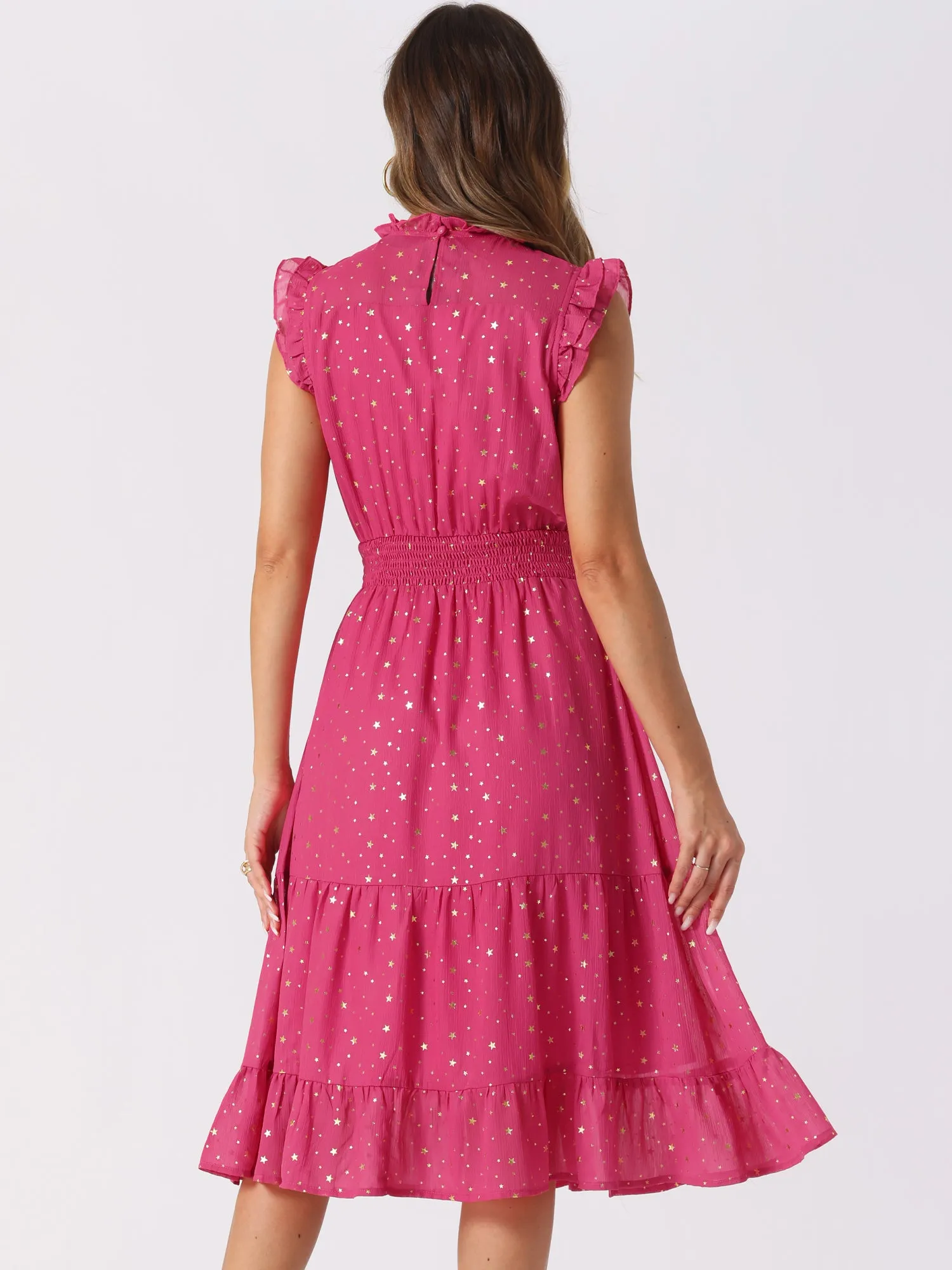 Chiffon Sleeveless Smocked Waist Gilding Metallic Stars Party Dress