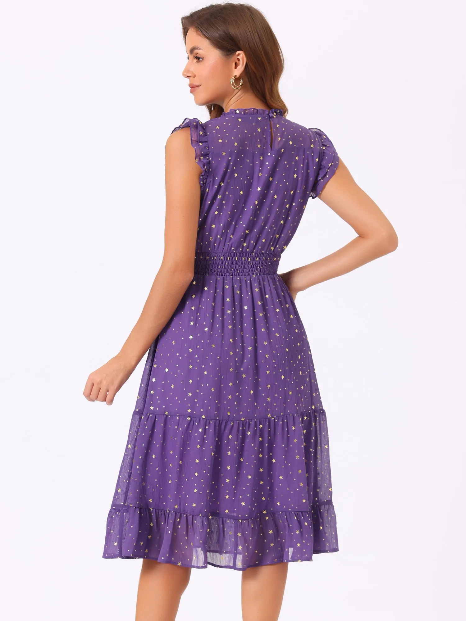 Chiffon Sleeveless Smocked Waist Gilding Metallic Stars Party Dress