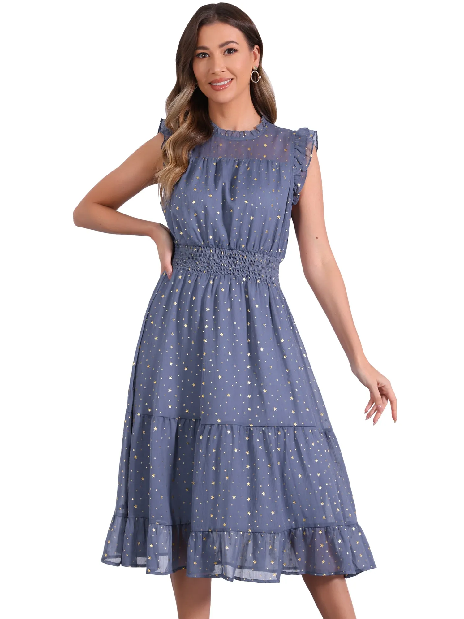 Chiffon Sleeveless Smocked Waist Gilding Metallic Stars Party Dress