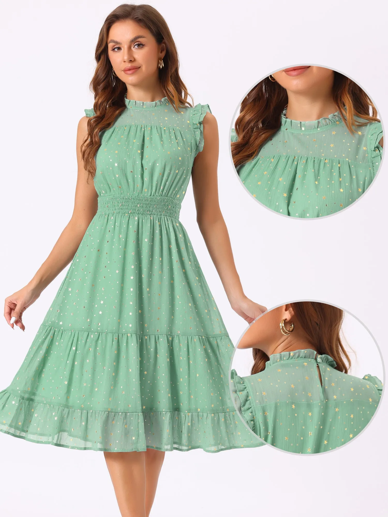 Chiffon Sleeveless Smocked Waist Gilding Metallic Stars Party Dress