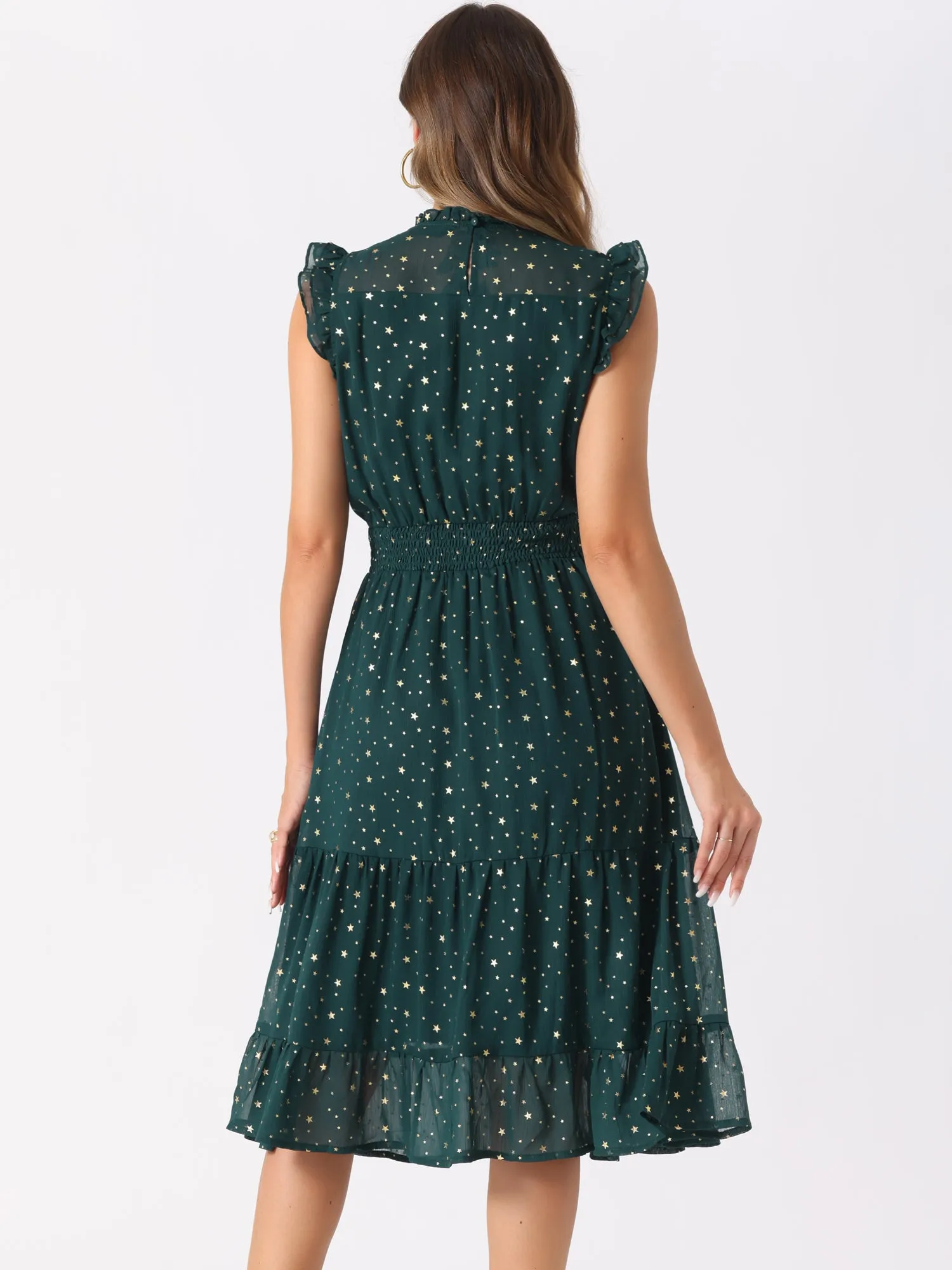 Chiffon Sleeveless Smocked Waist Gilding Metallic Stars Party Dress