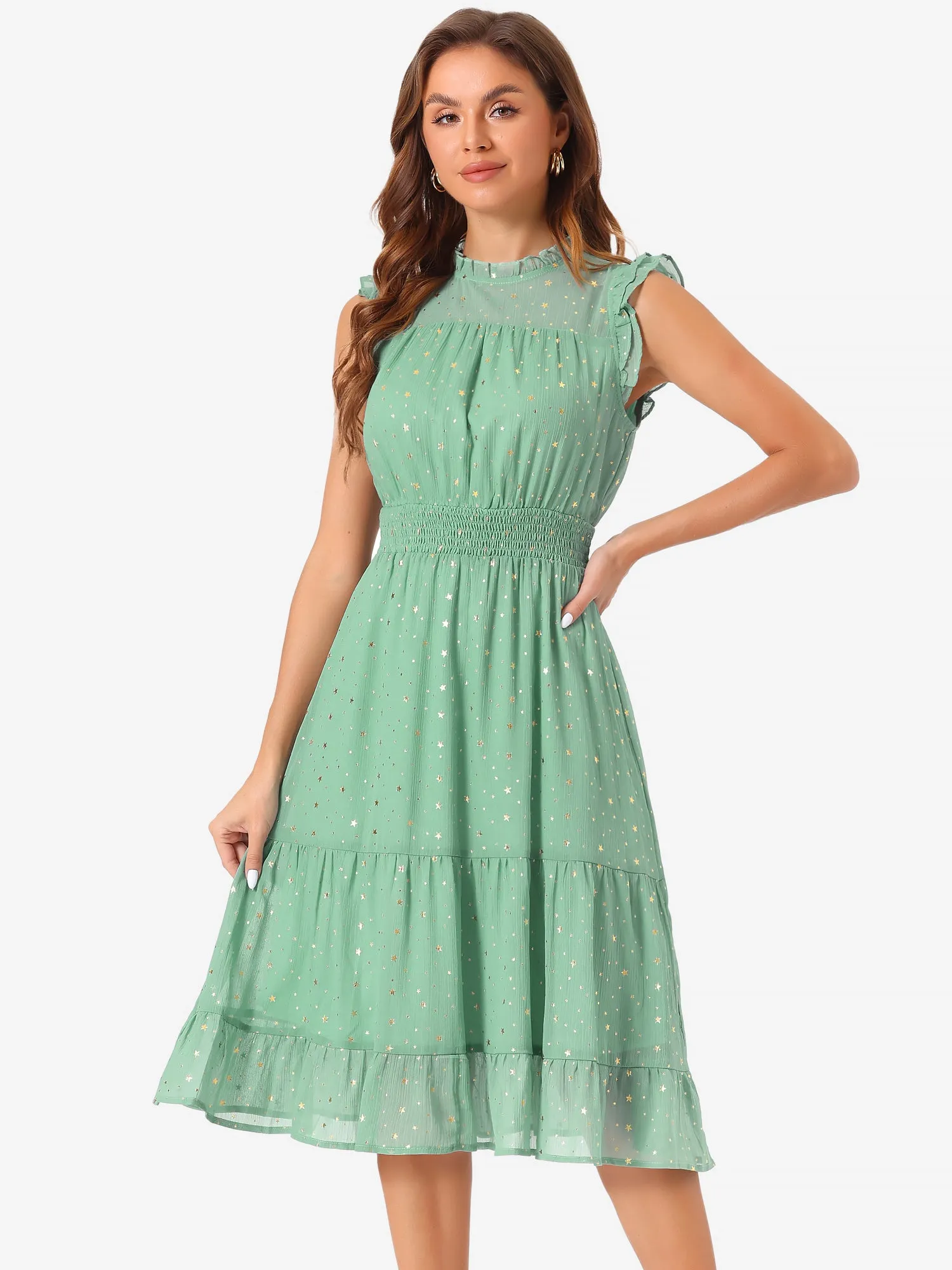 Chiffon Sleeveless Smocked Waist Gilding Metallic Stars Party Dress