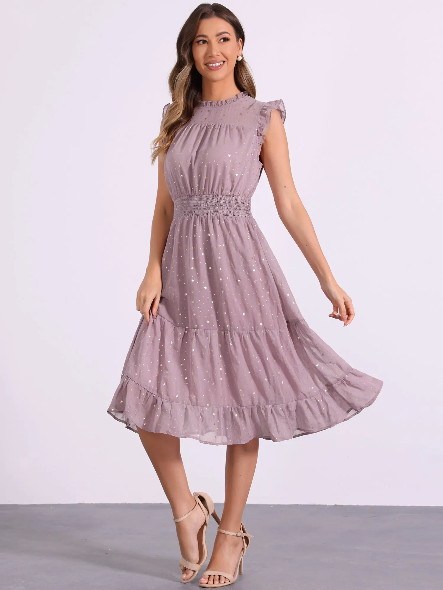 Chiffon Sleeveless Smocked Waist Gilding Metallic Stars Party Dress