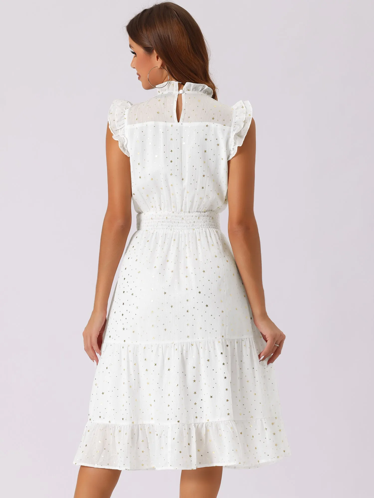 Chiffon Sleeveless Smocked Waist Gilding Metallic Stars Party Dress