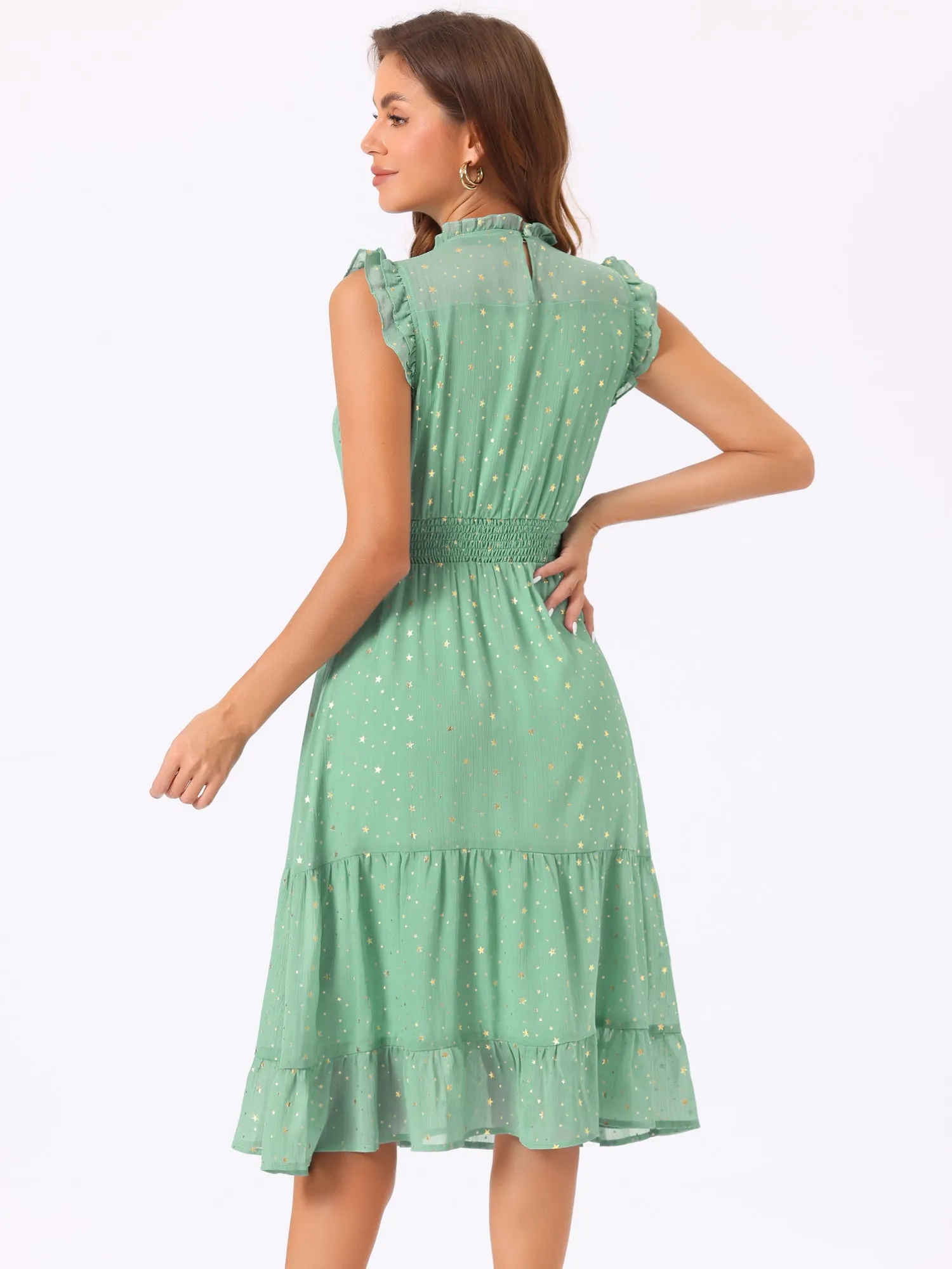 Chiffon Sleeveless Smocked Waist Gilding Metallic Stars Party Dress