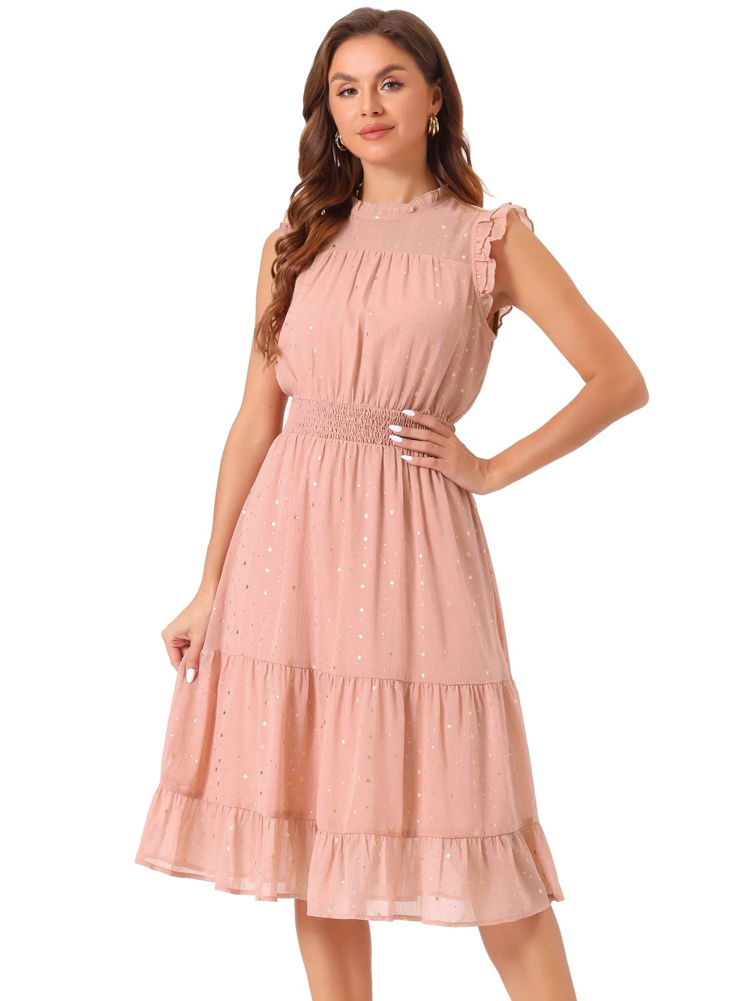 Chiffon Sleeveless Smocked Waist Gilding Metallic Stars Party Dress