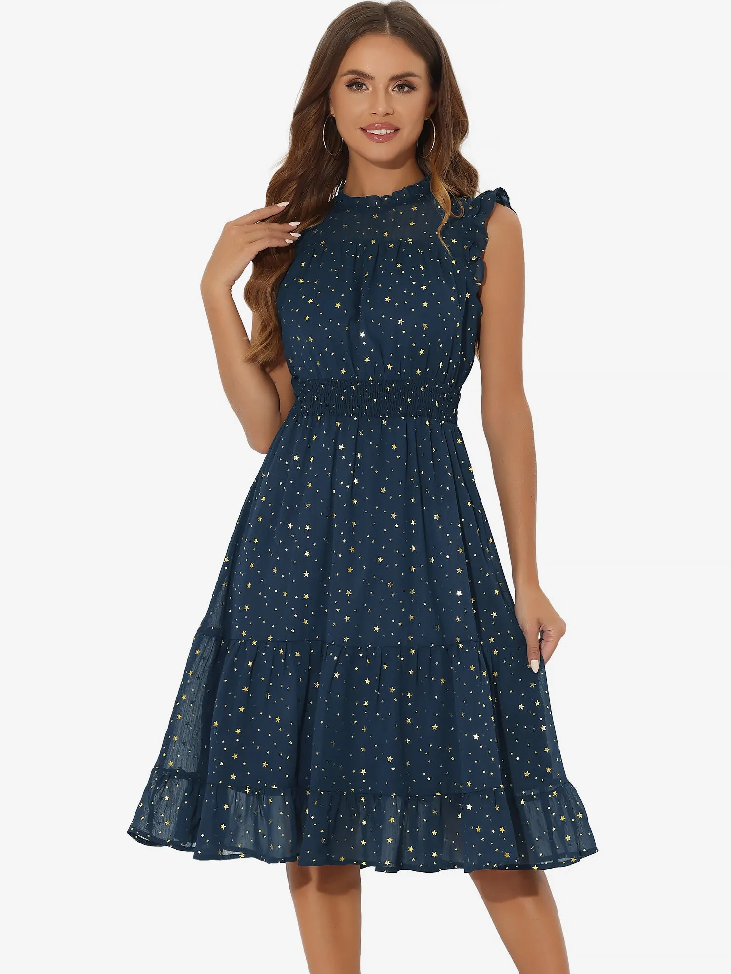 Chiffon Sleeveless Smocked Waist Gilding Metallic Stars Party Dress