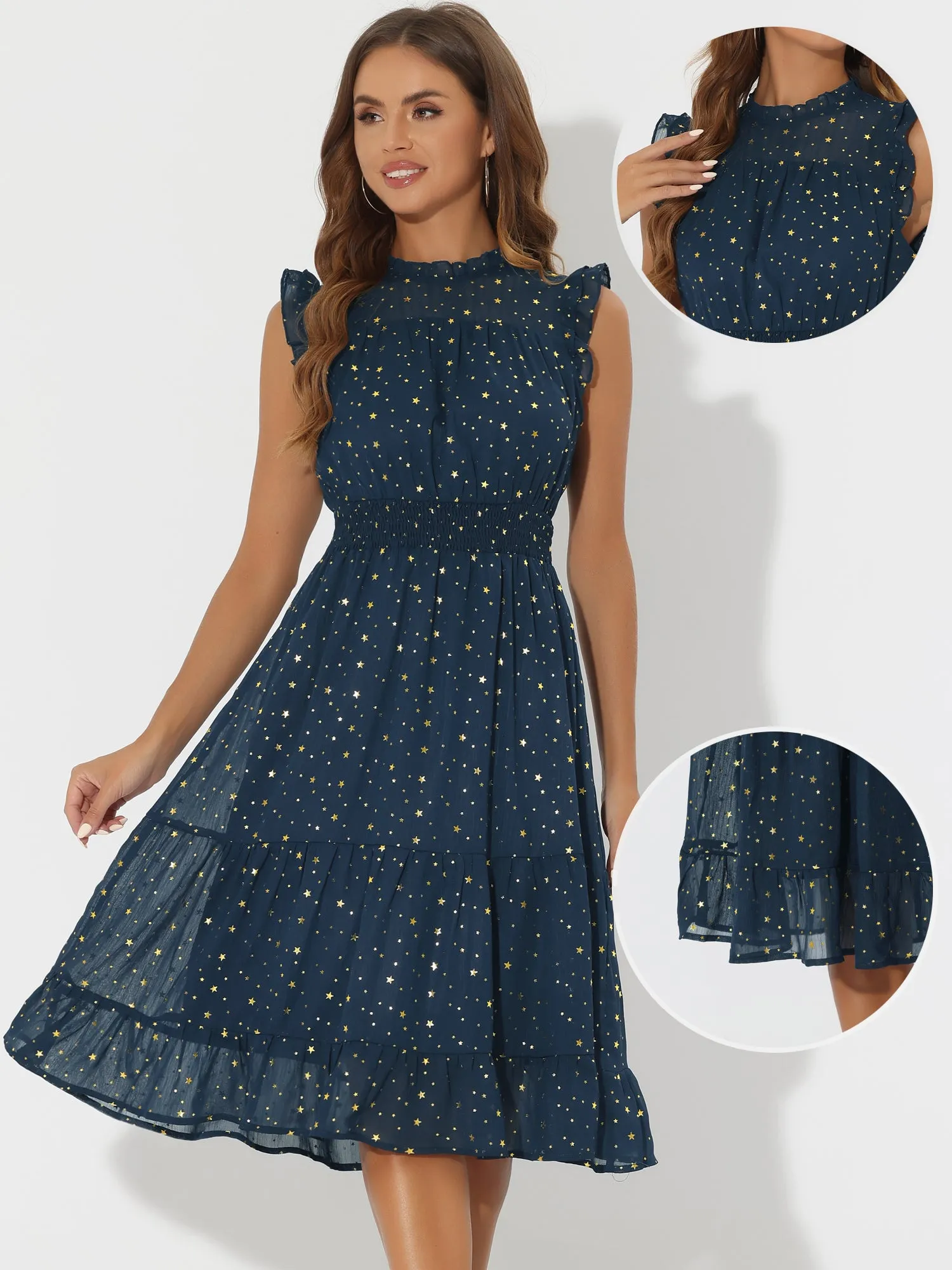 Chiffon Sleeveless Smocked Waist Gilding Metallic Stars Party Dress