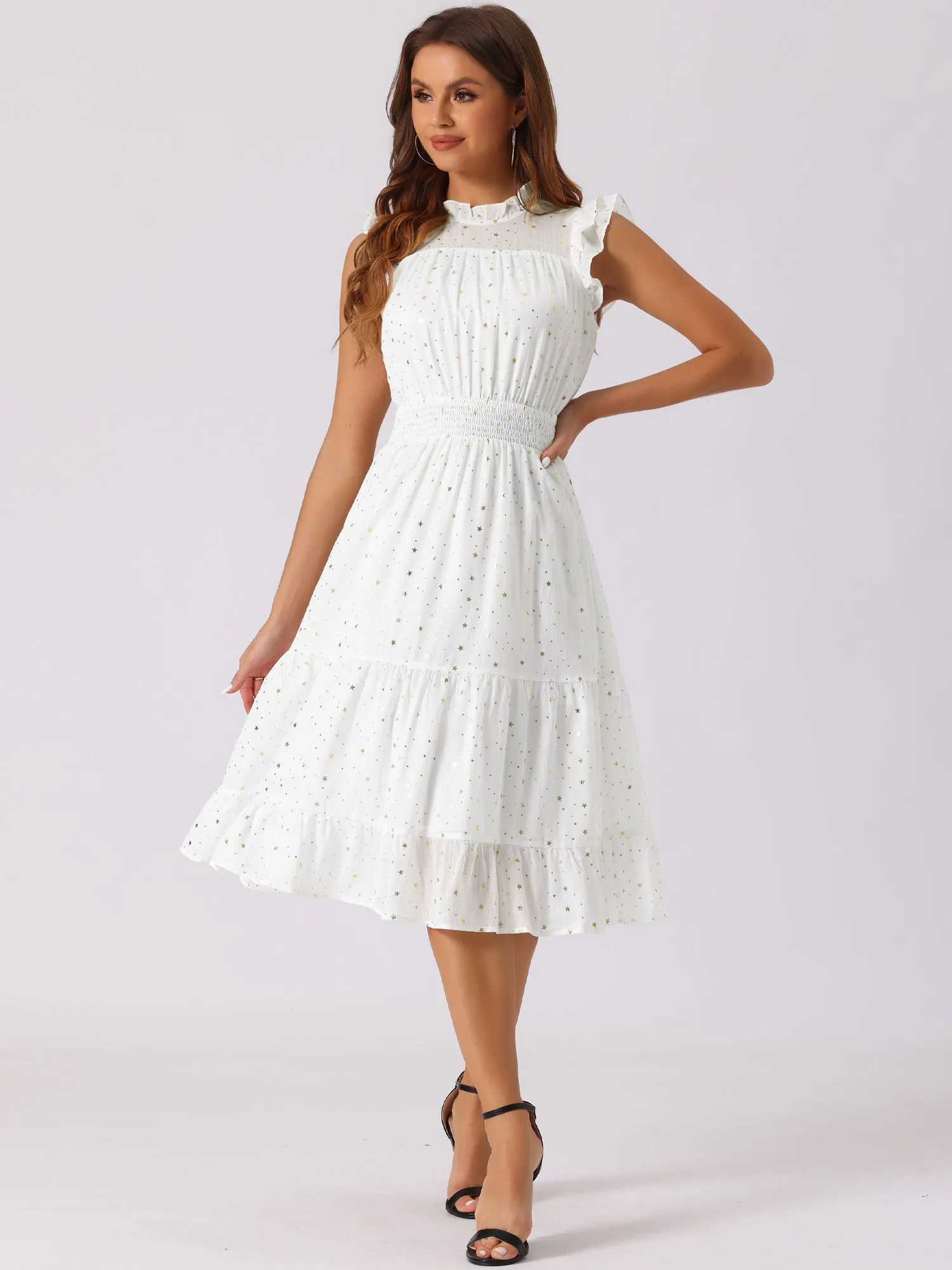 Chiffon Sleeveless Smocked Waist Gilding Metallic Stars Party Dress