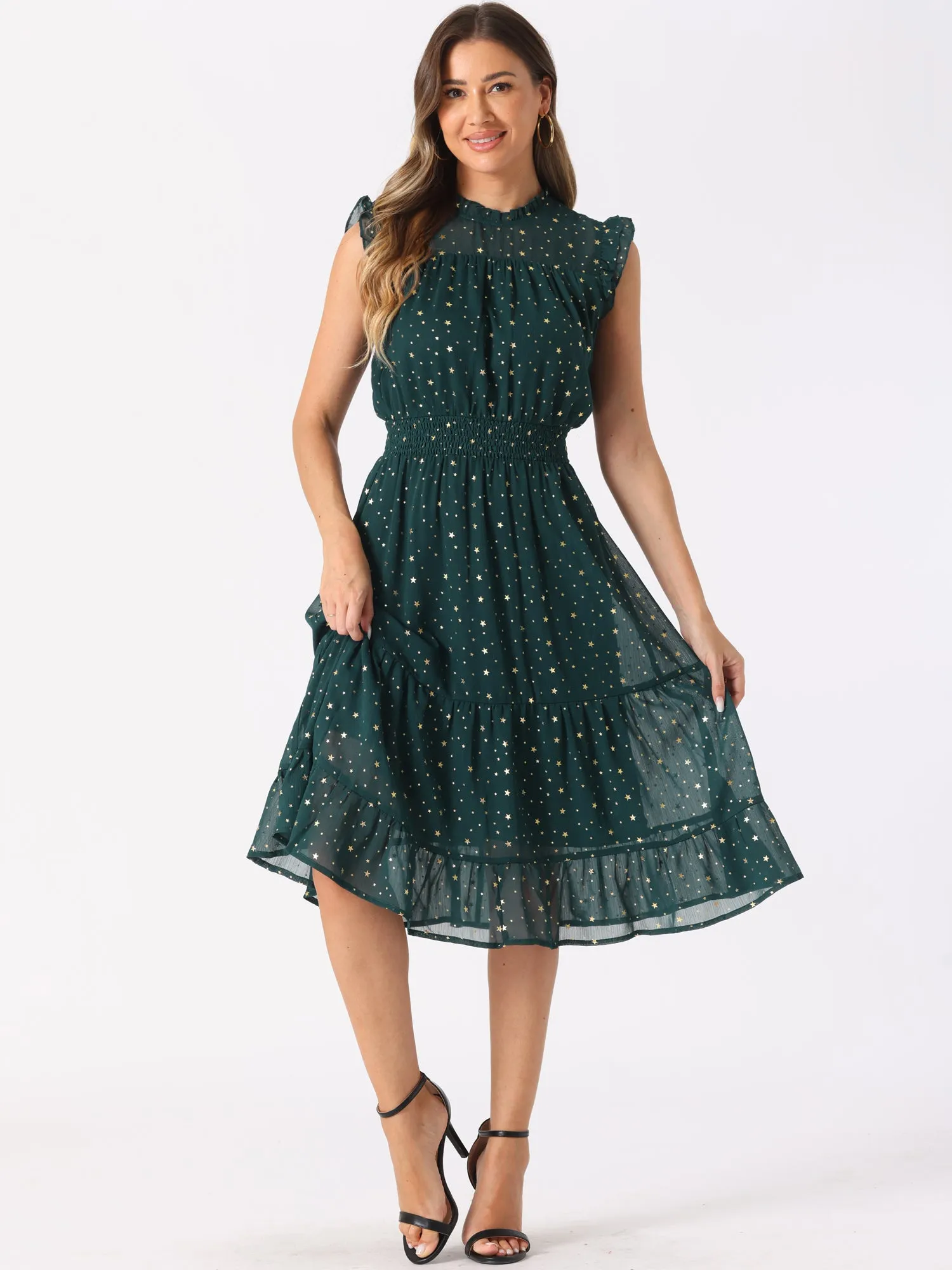 Chiffon Sleeveless Smocked Waist Gilding Metallic Stars Party Dress