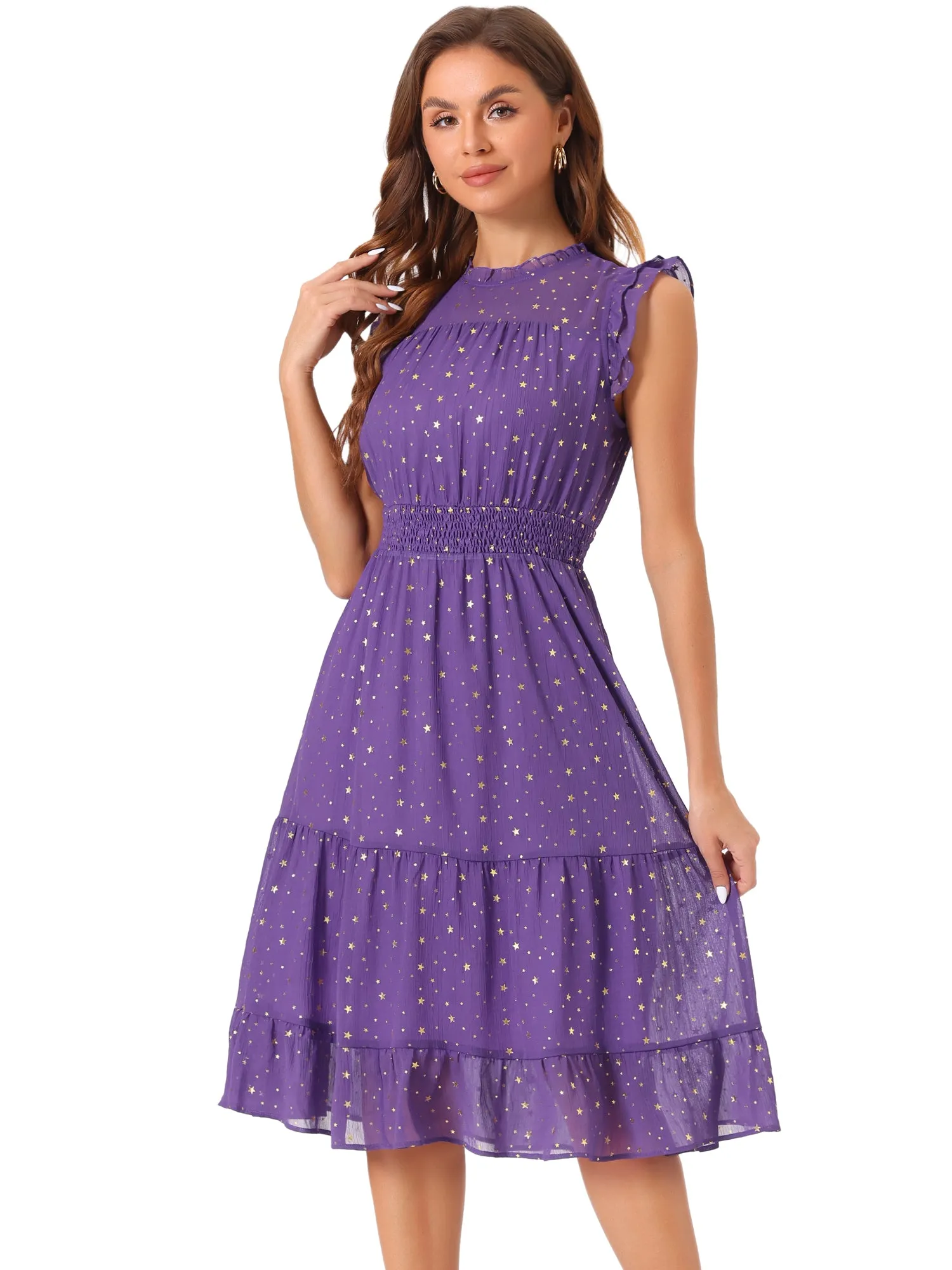 Chiffon Sleeveless Smocked Waist Gilding Metallic Stars Party Dress