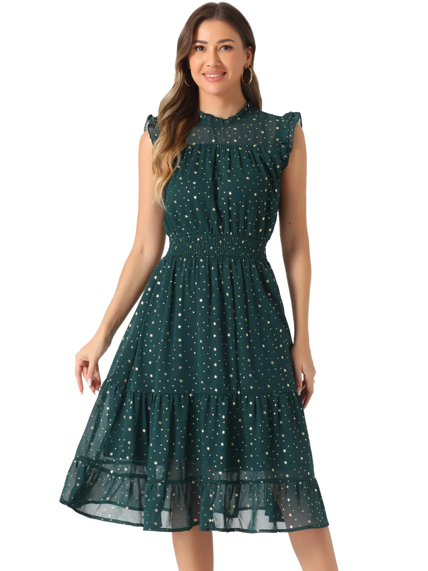 Chiffon Sleeveless Smocked Waist Gilding Metallic Stars Party Dress