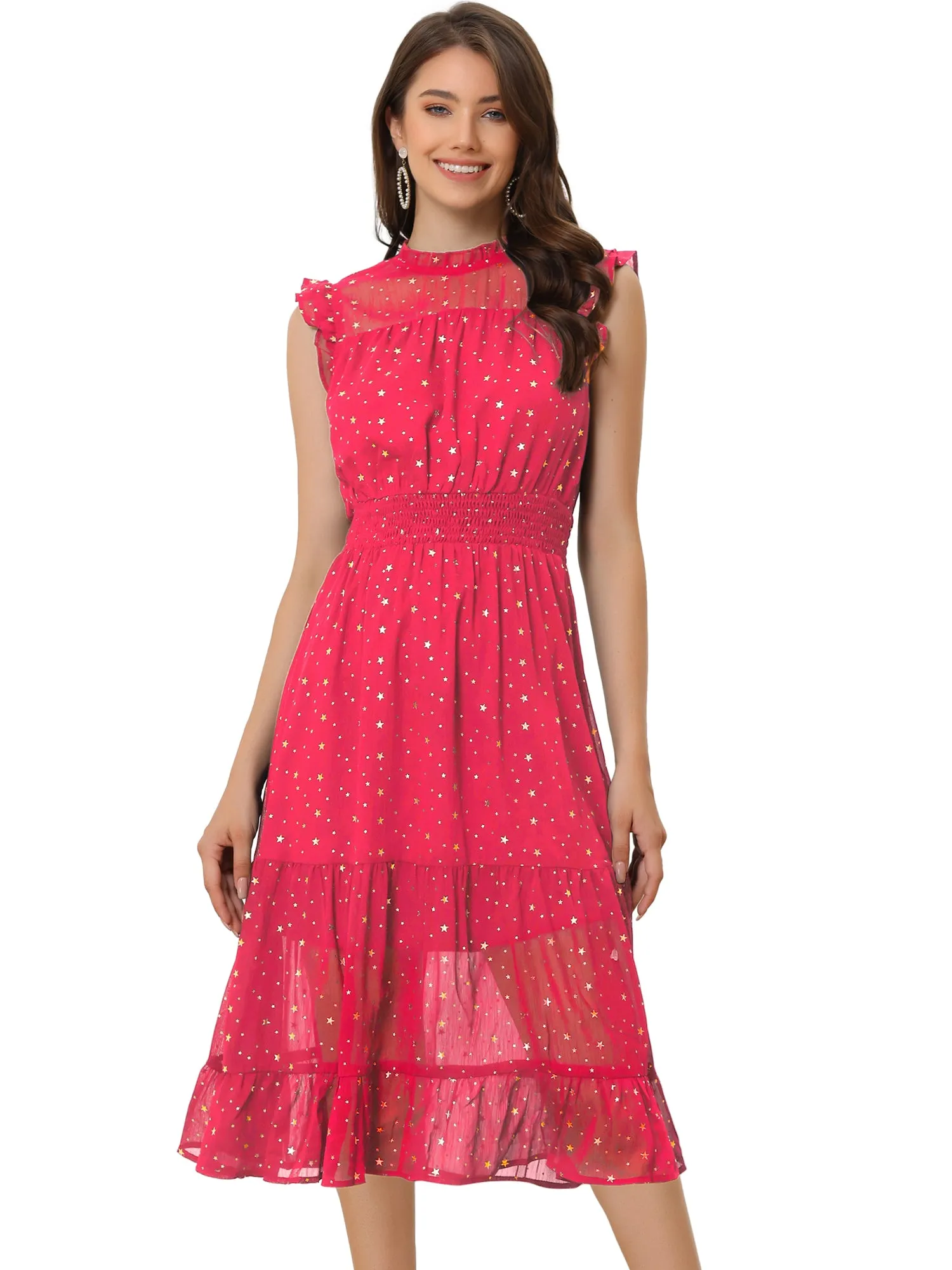 Chiffon Sleeveless Smocked Waist Gilding Metallic Stars Party Dress