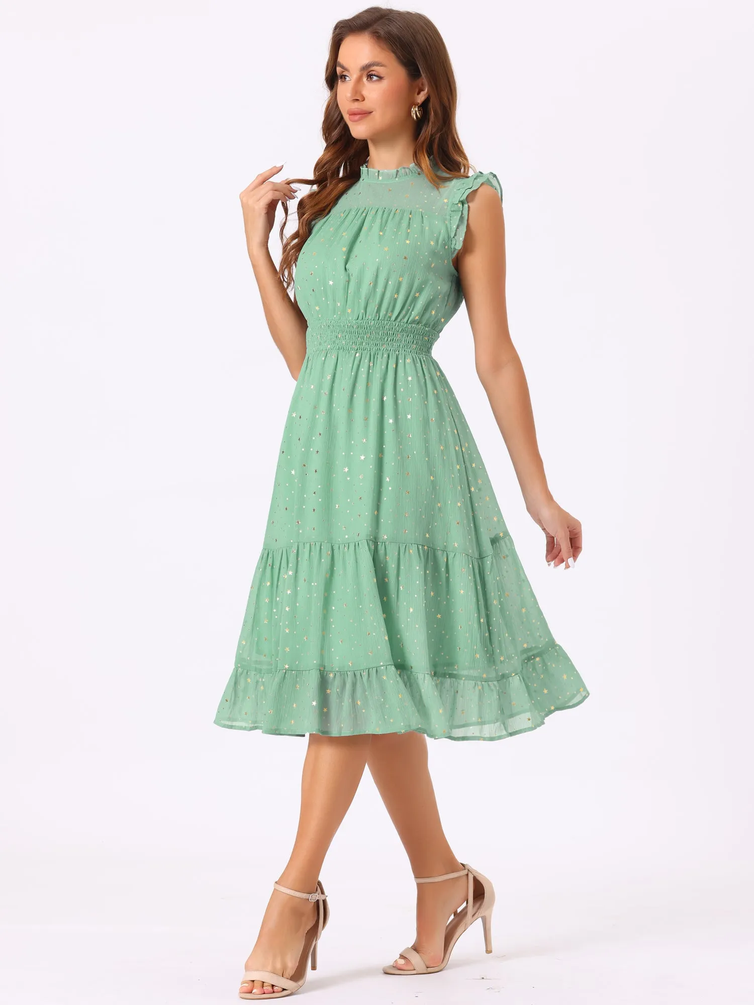 Chiffon Sleeveless Smocked Waist Gilding Metallic Stars Party Dress