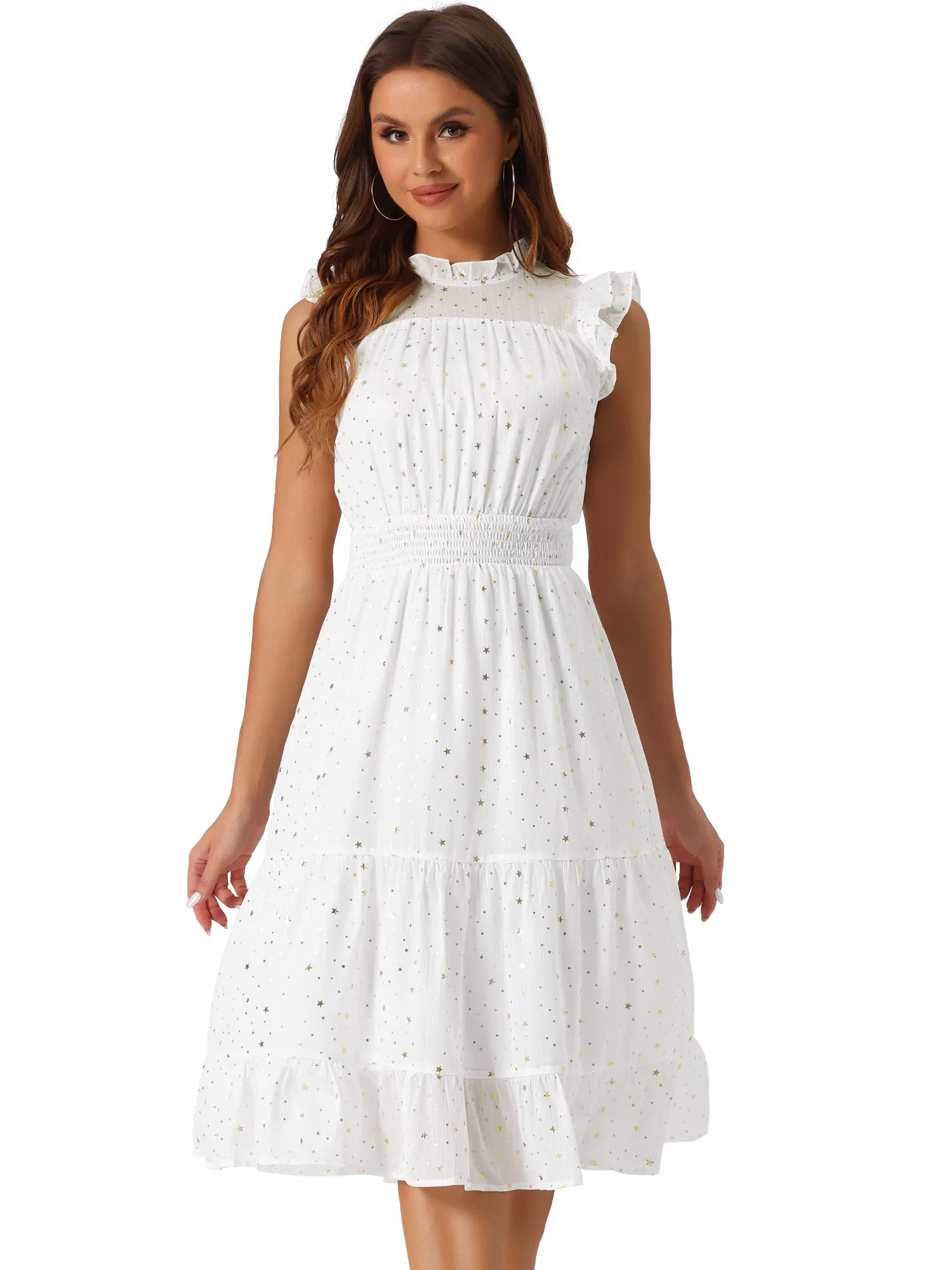 Chiffon Sleeveless Smocked Waist Gilding Metallic Stars Party Dress