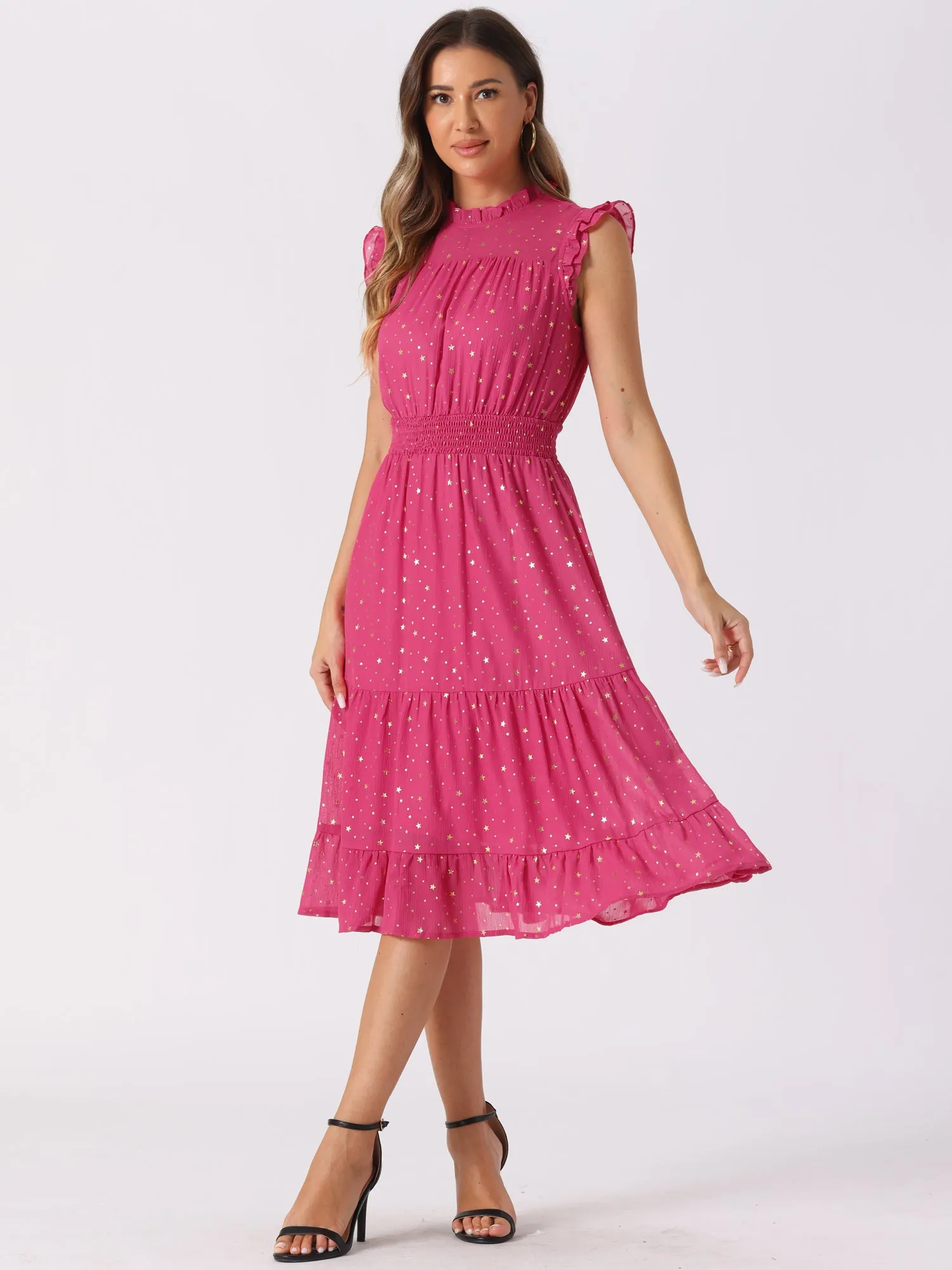 Chiffon Sleeveless Smocked Waist Gilding Metallic Stars Party Dress