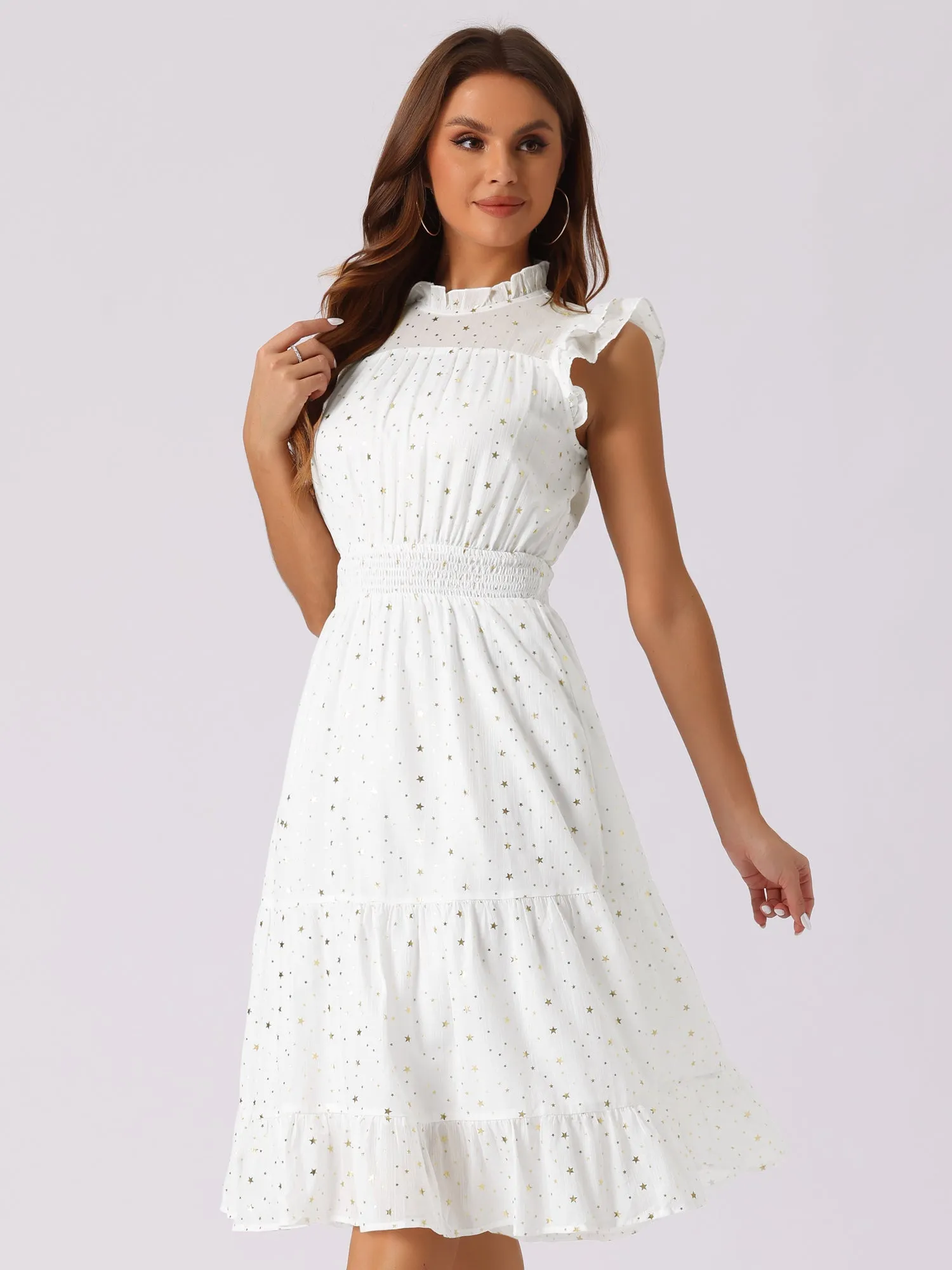 Chiffon Sleeveless Smocked Waist Gilding Metallic Stars Party Dress