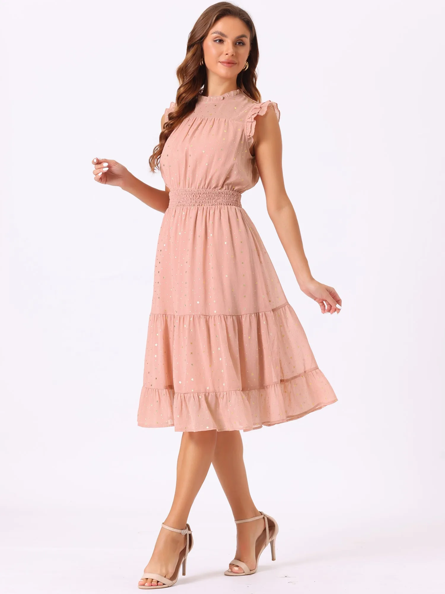 Chiffon Sleeveless Smocked Waist Gilding Metallic Stars Party Dress