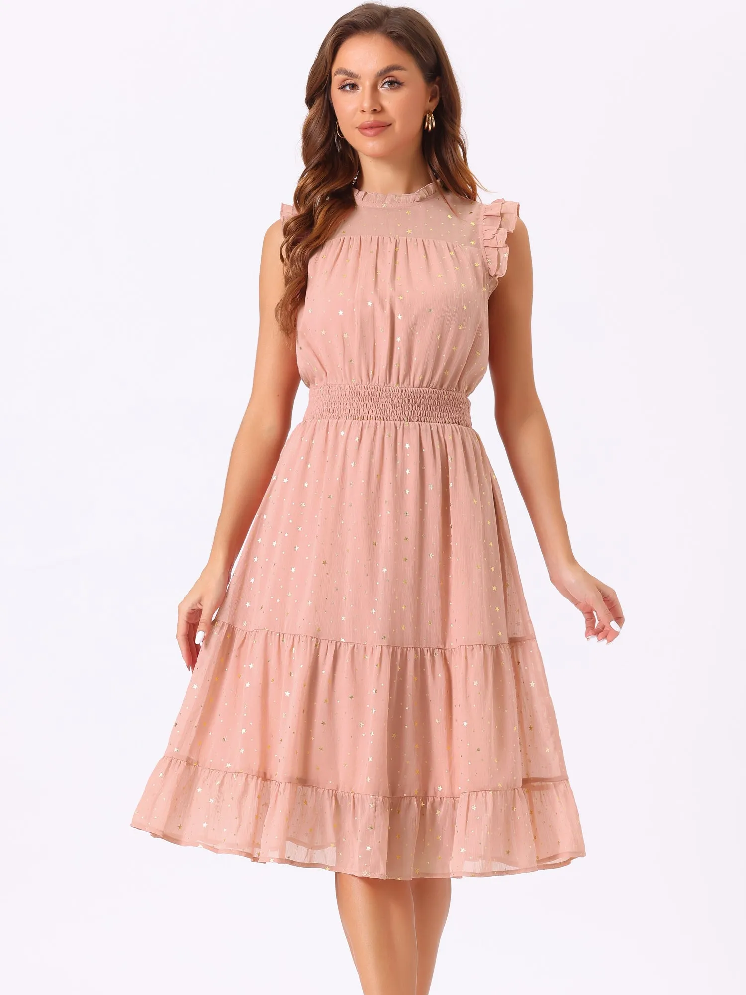 Chiffon Sleeveless Smocked Waist Gilding Metallic Stars Party Dress