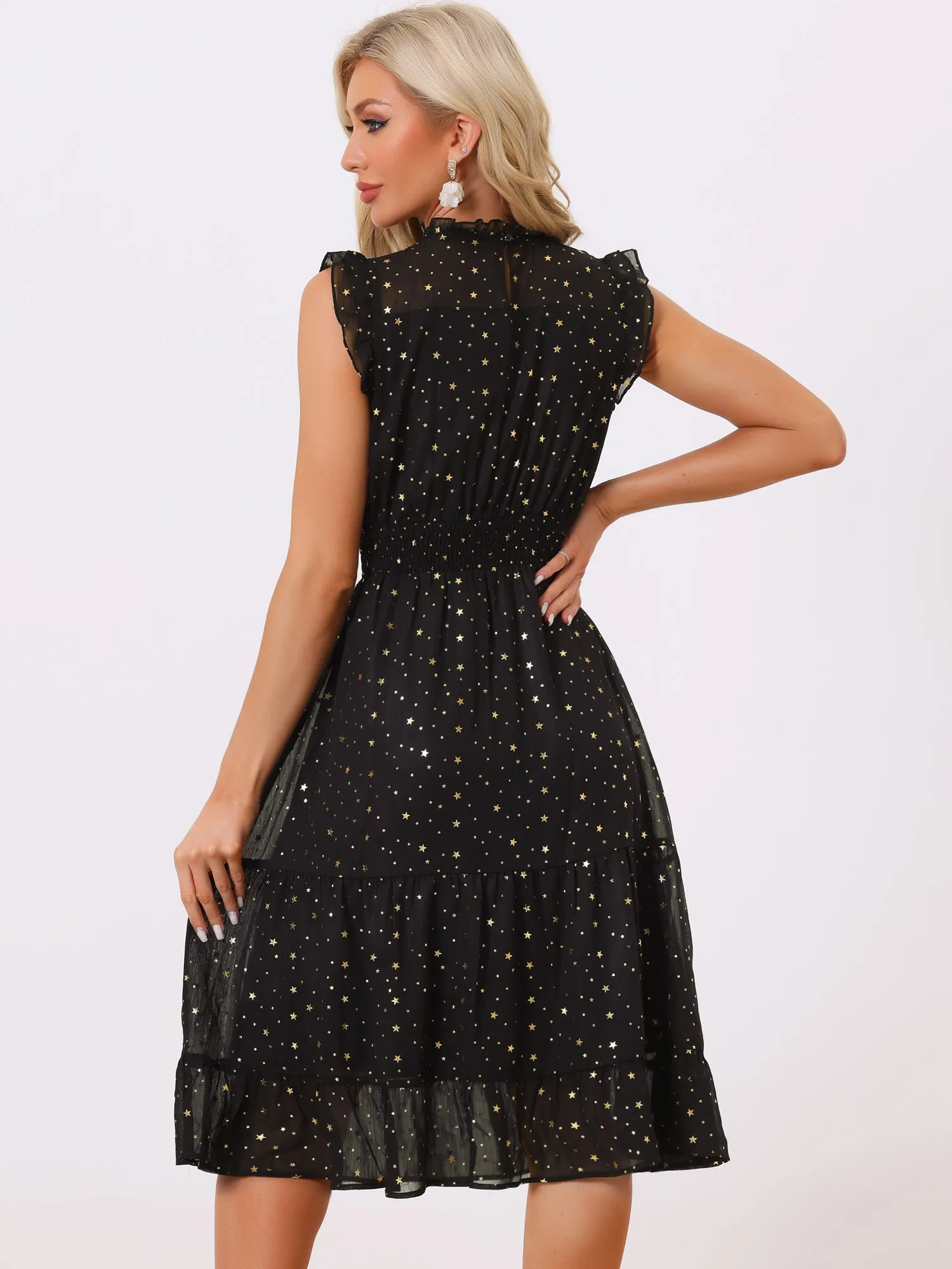 Chiffon Sleeveless Smocked Waist Gilding Metallic Stars Party Dress