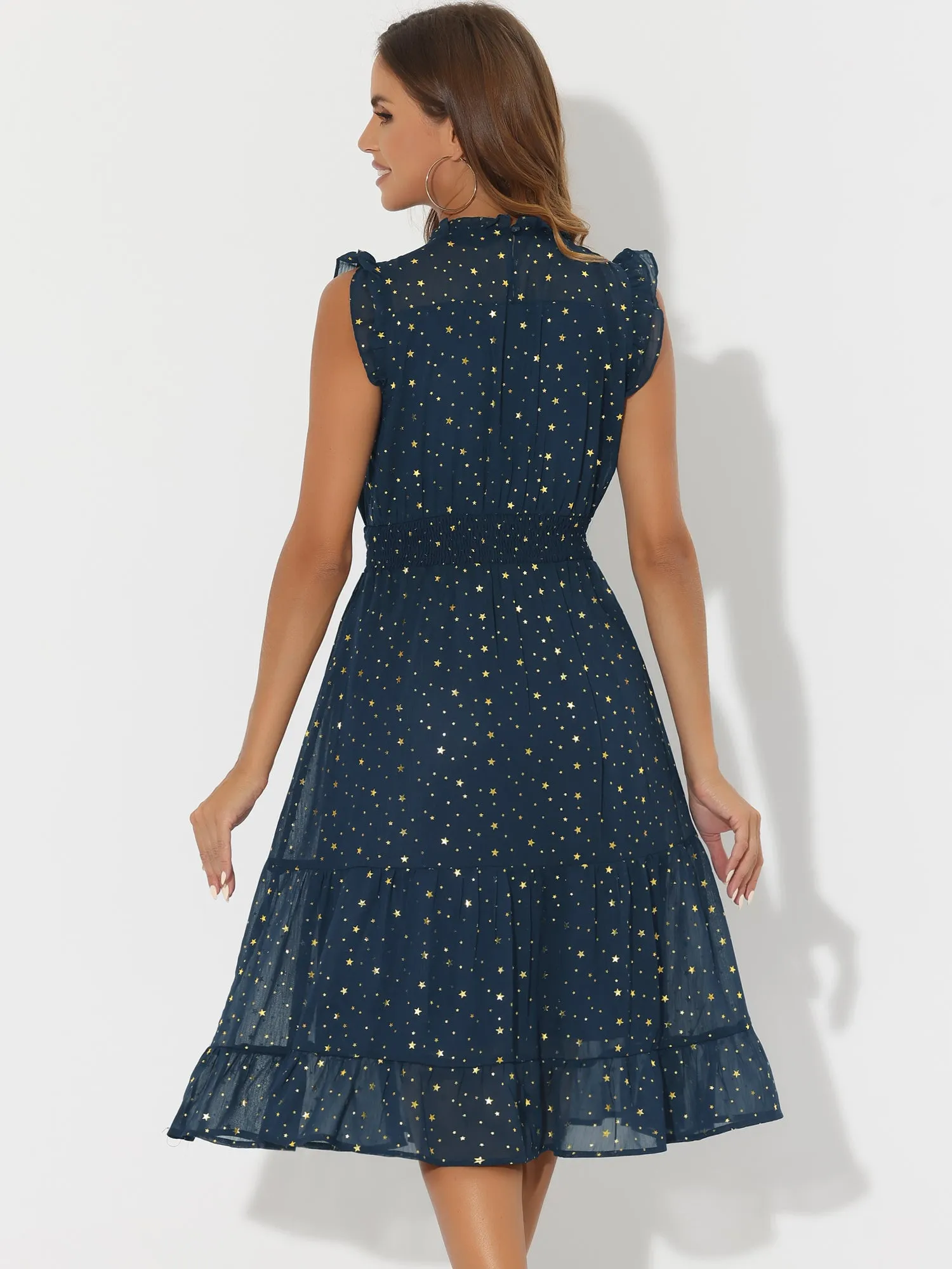 Chiffon Sleeveless Smocked Waist Gilding Metallic Stars Party Dress