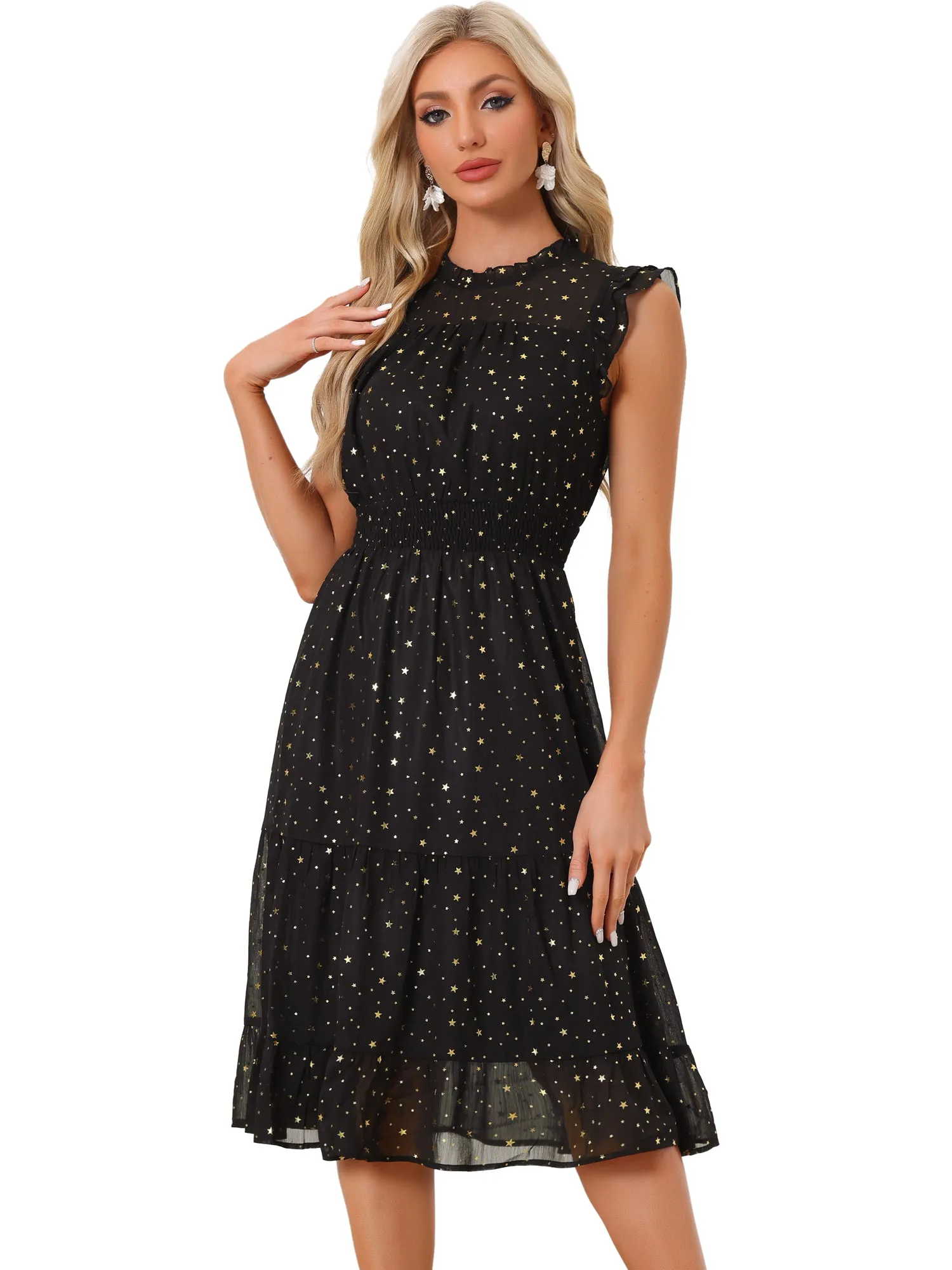 Chiffon Sleeveless Smocked Waist Gilding Metallic Stars Party Dress