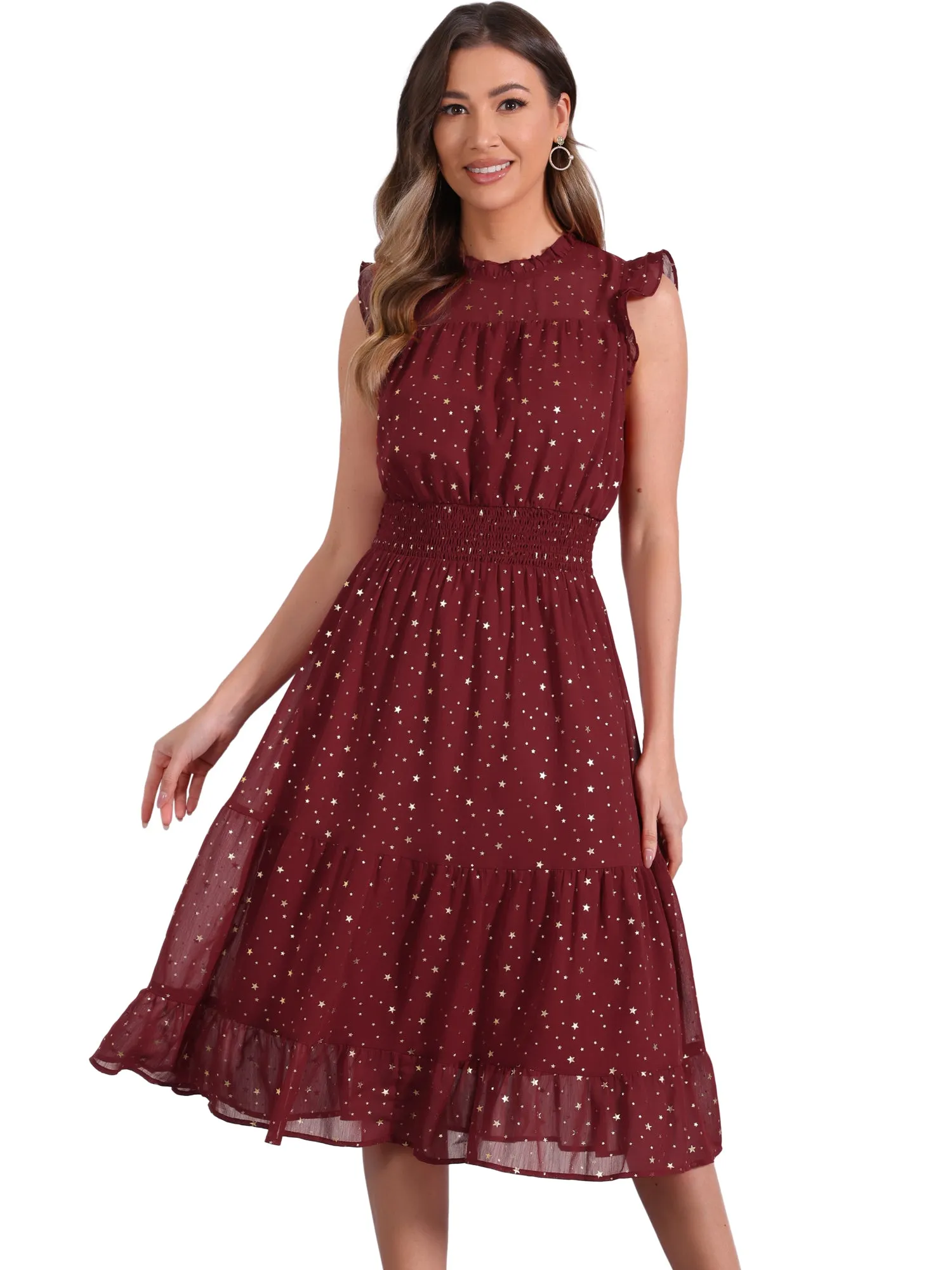 Chiffon Sleeveless Smocked Waist Gilding Metallic Stars Party Dress