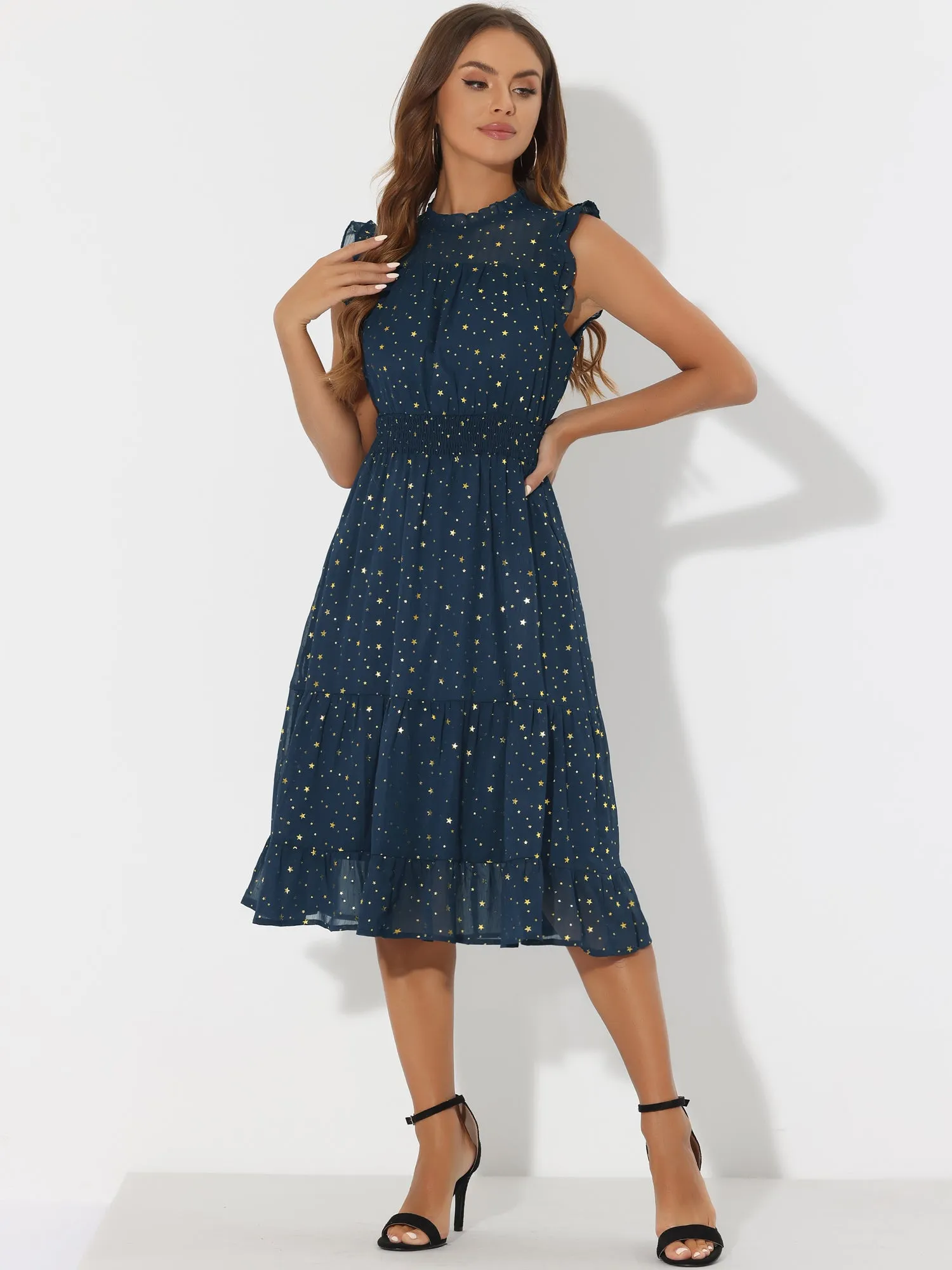 Chiffon Sleeveless Smocked Waist Gilding Metallic Stars Party Dress