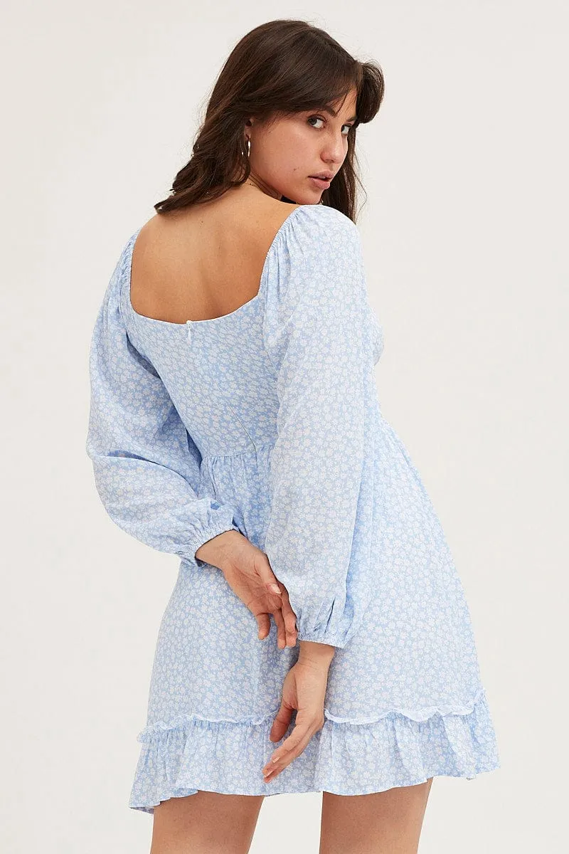 Daisy Print Long Sleeve A-Line Mini Dress