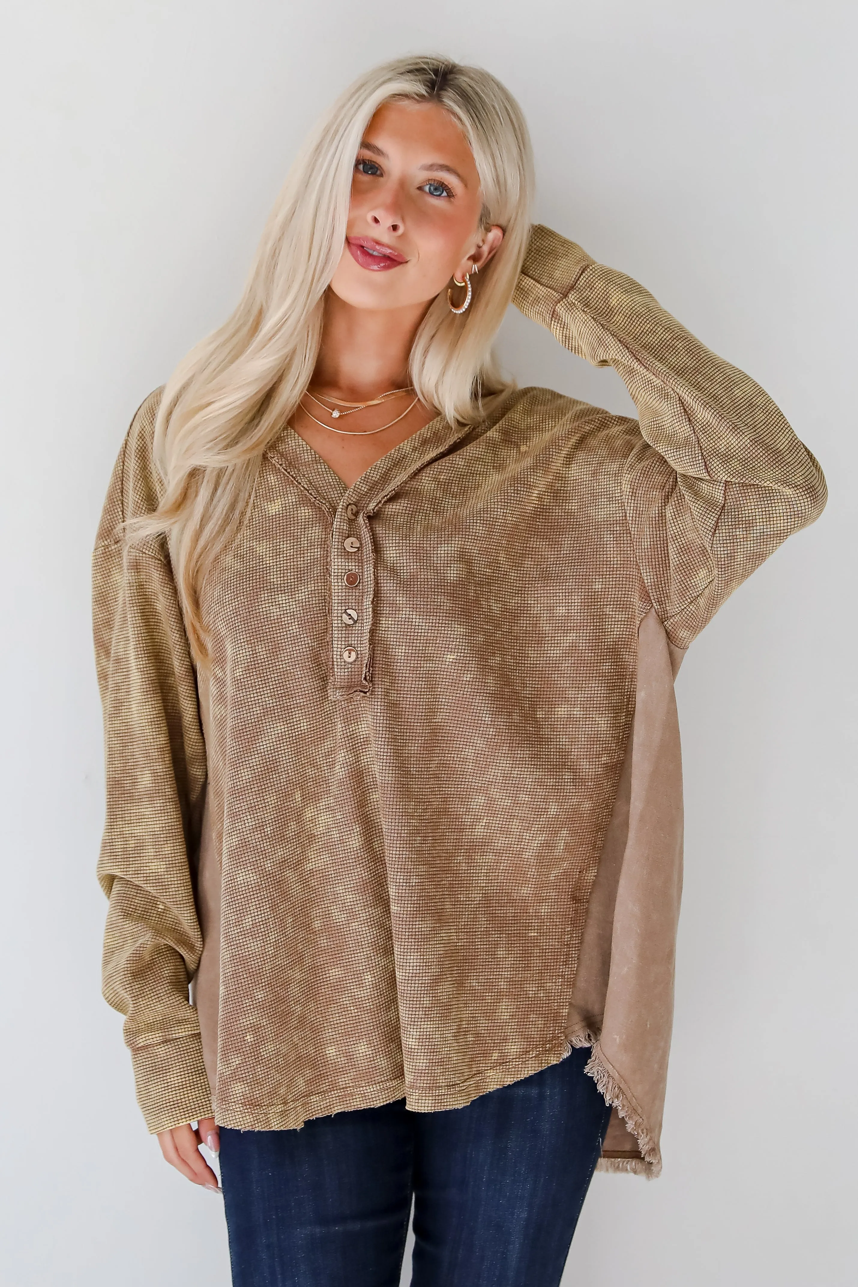 FINAL SALE - Convincing Composure Mocha Waffle Knit Henley Top