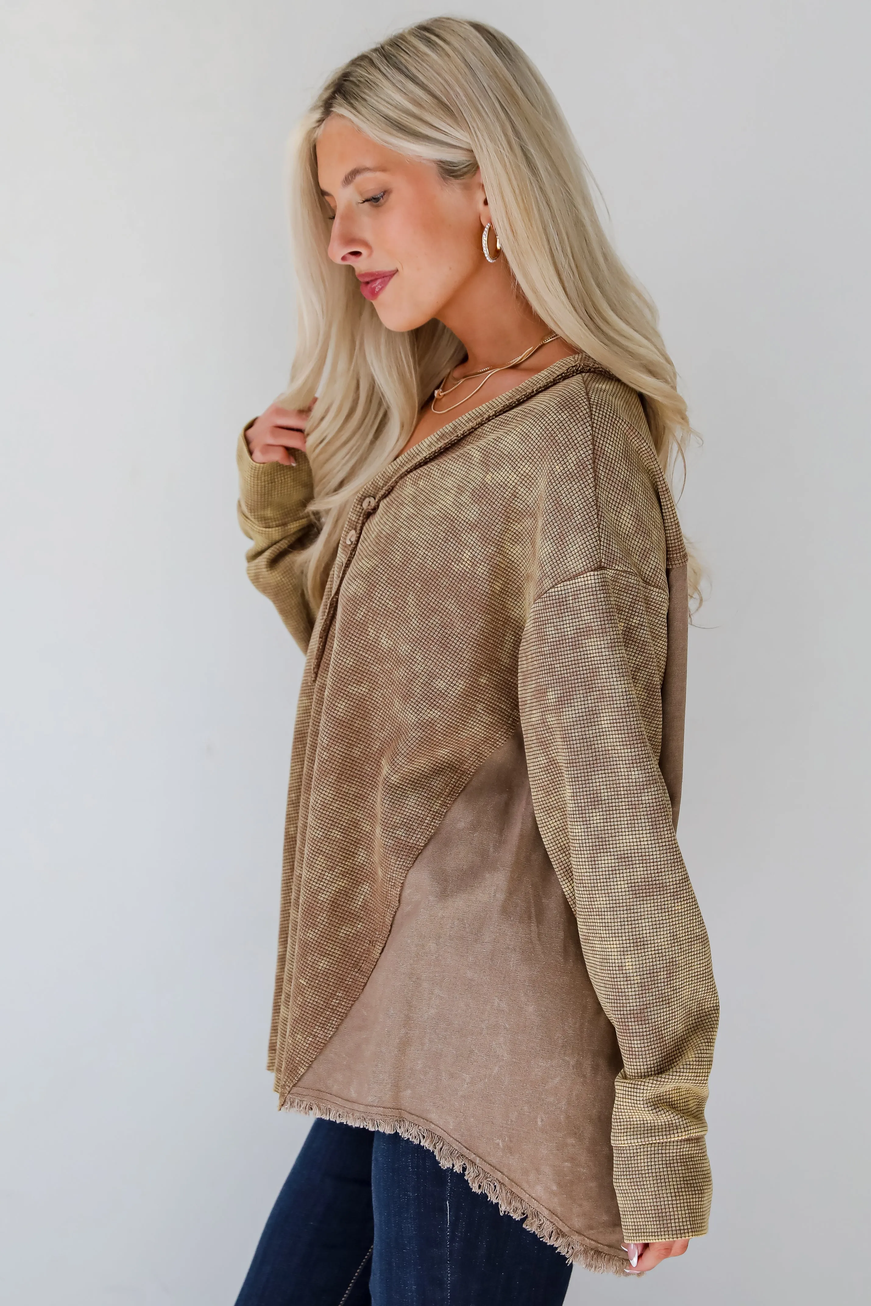 FINAL SALE - Convincing Composure Mocha Waffle Knit Henley Top