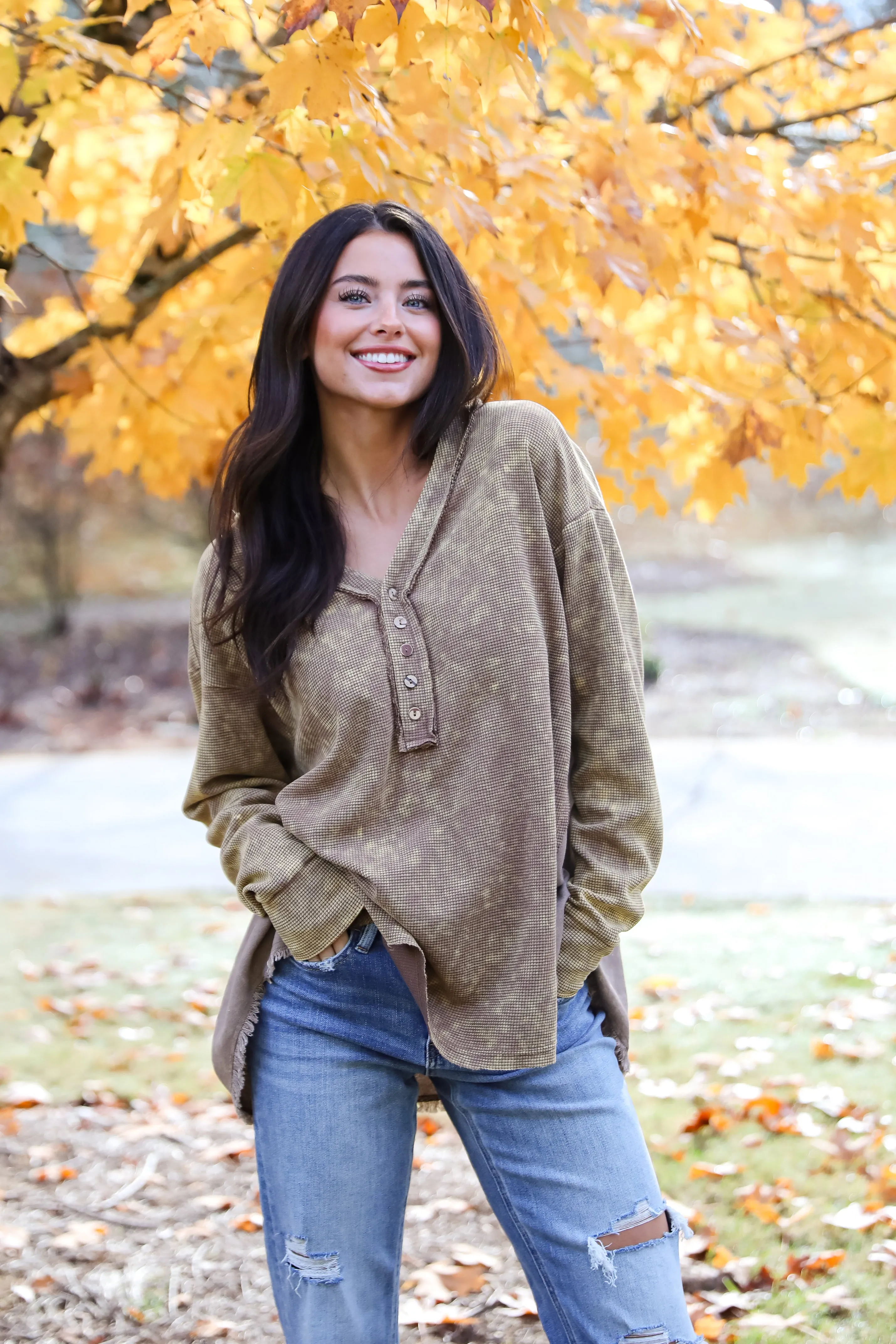 FINAL SALE - Convincing Composure Mocha Waffle Knit Henley Top