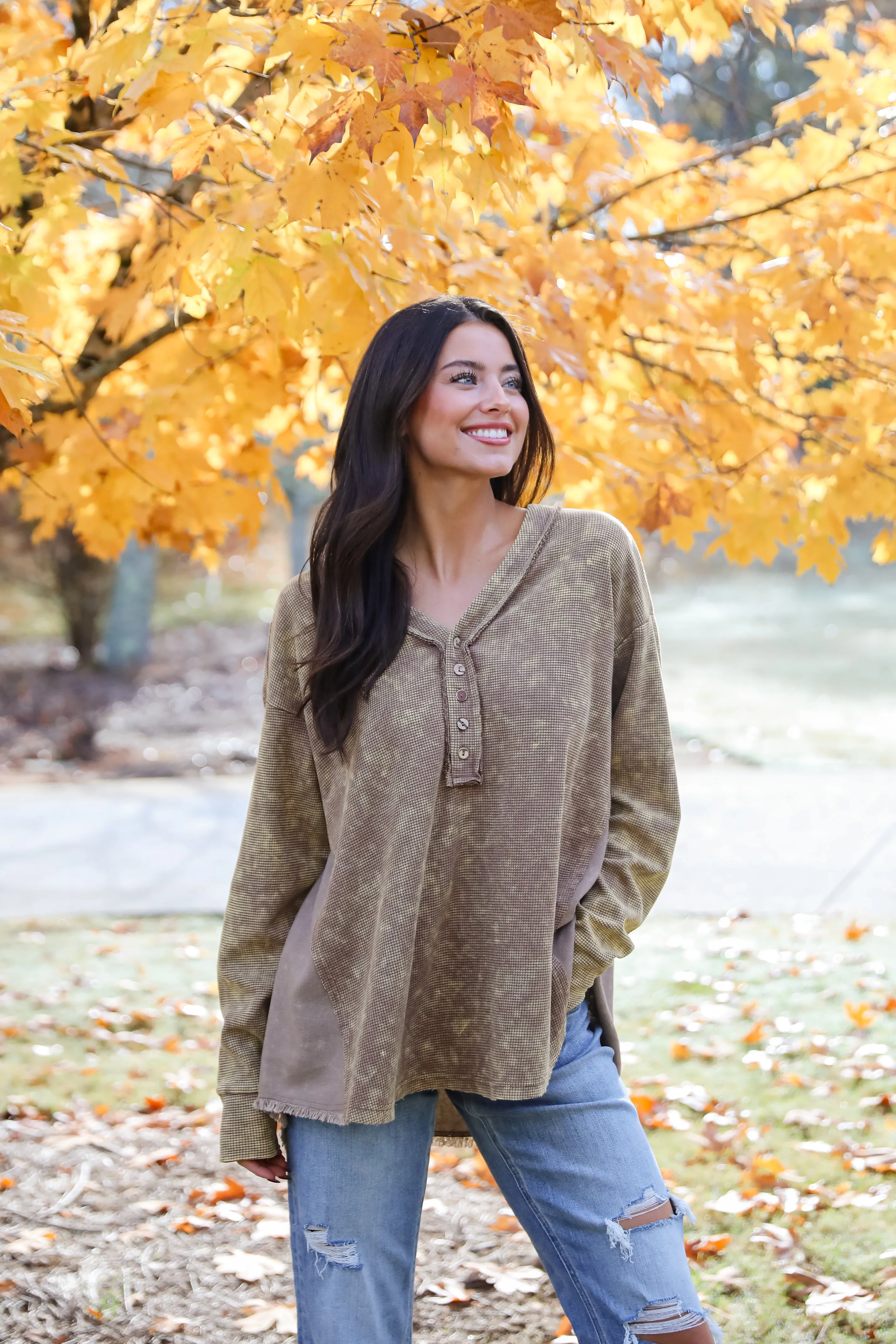 FINAL SALE - Convincing Composure Mocha Waffle Knit Henley Top