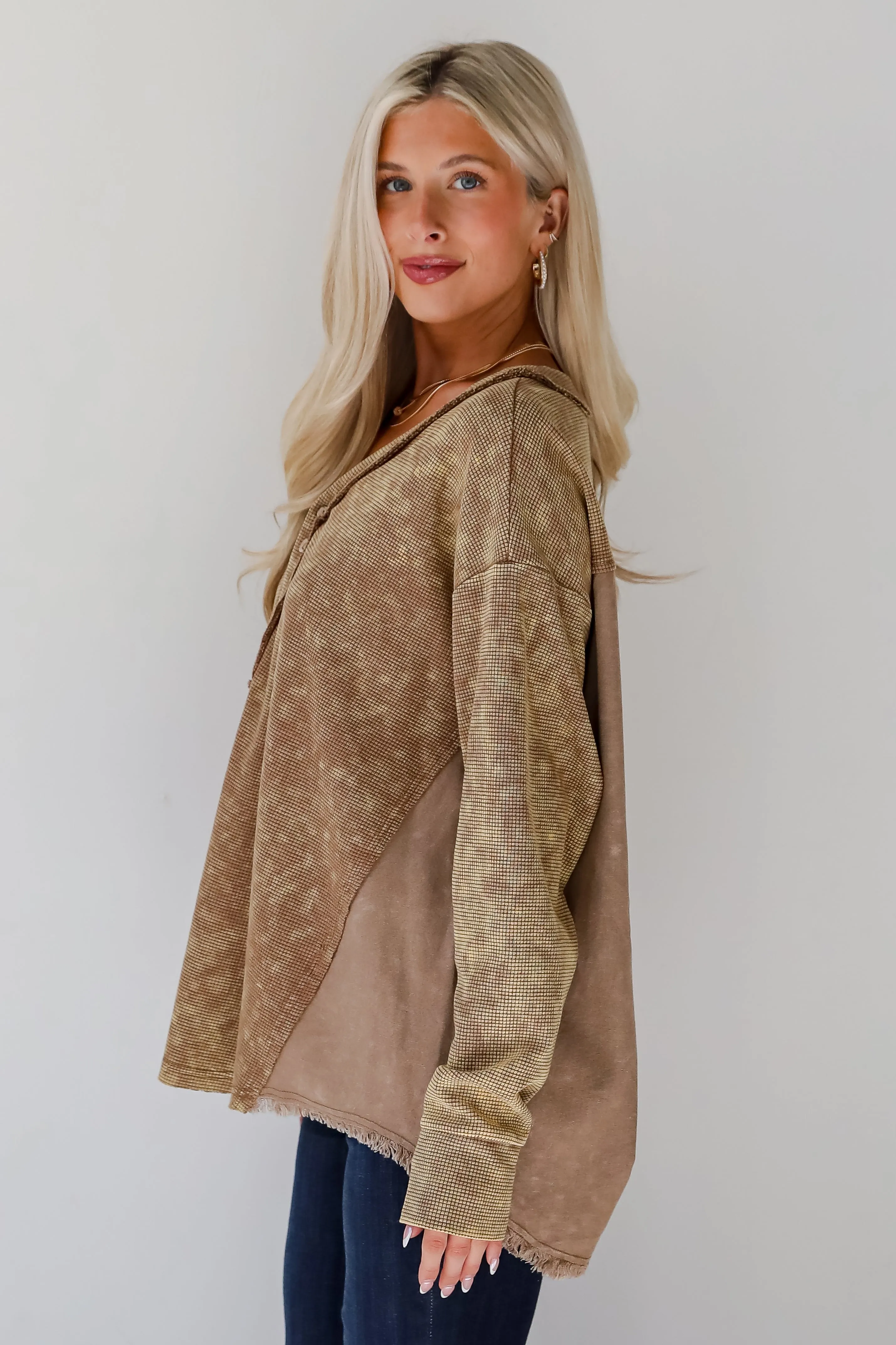 FINAL SALE - Convincing Composure Mocha Waffle Knit Henley Top