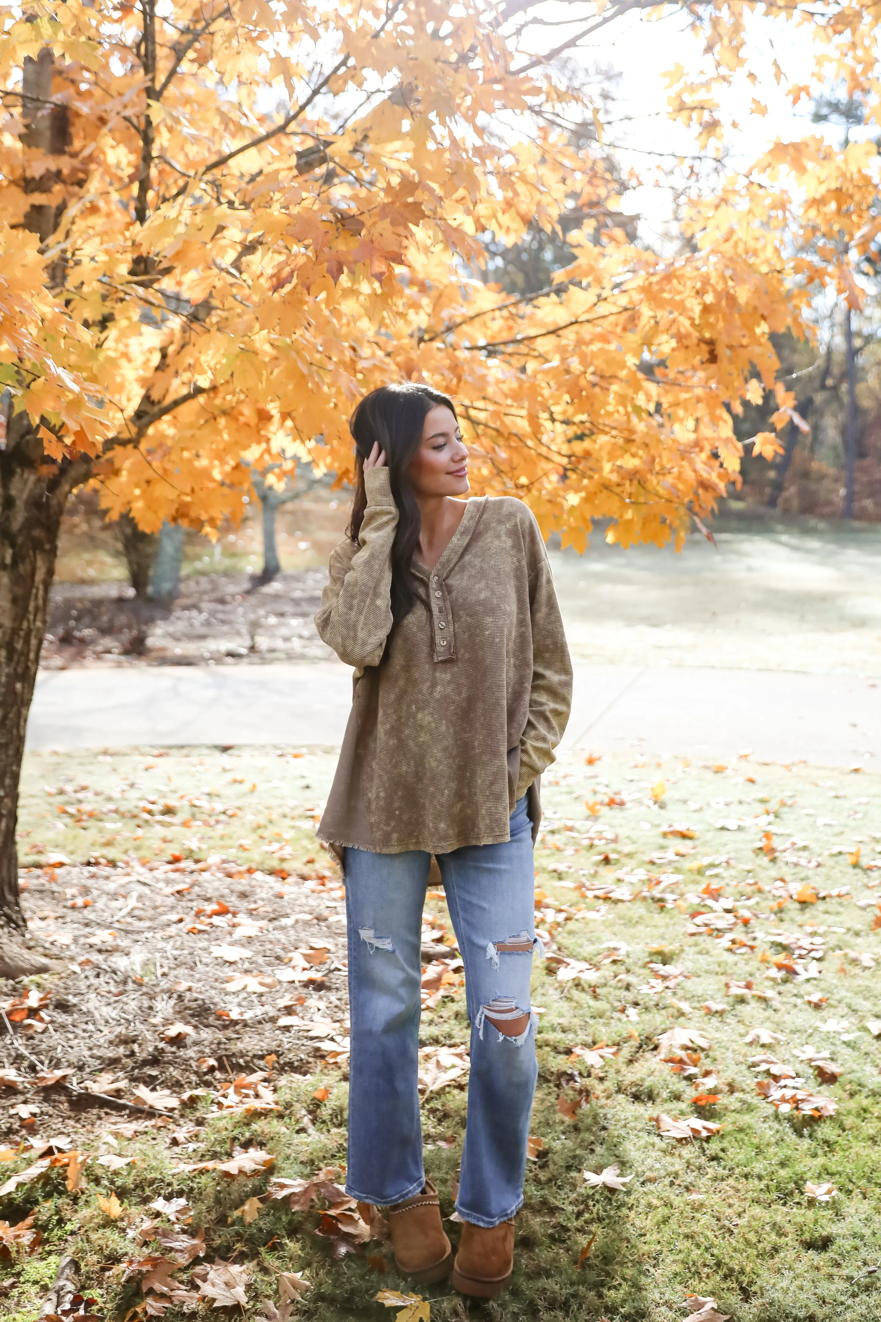 FINAL SALE - Convincing Composure Mocha Waffle Knit Henley Top