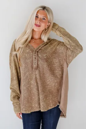 FINAL SALE - Convincing Composure Mocha Waffle Knit Henley Top