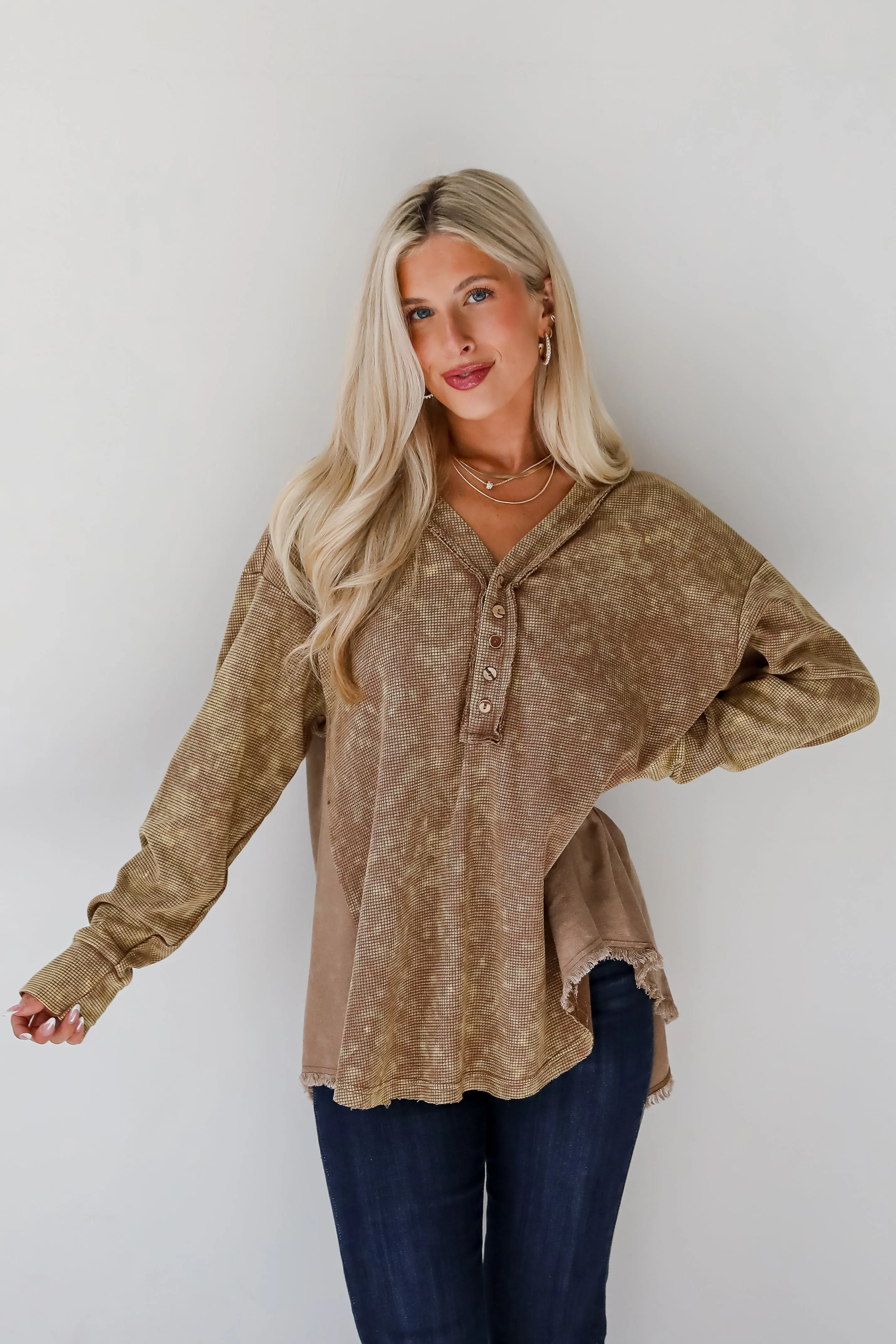 FINAL SALE - Convincing Composure Mocha Waffle Knit Henley Top