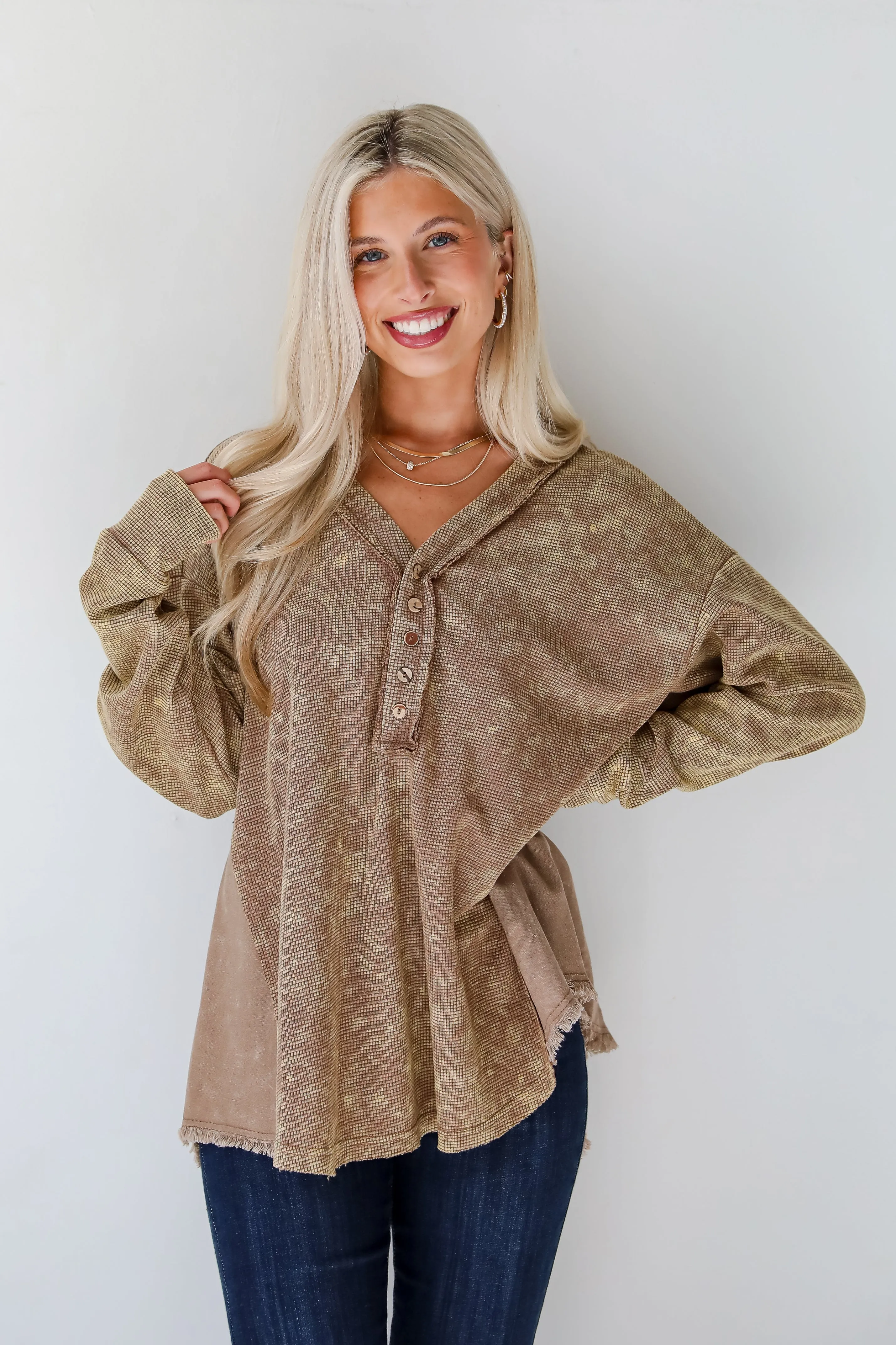 FINAL SALE - Convincing Composure Mocha Waffle Knit Henley Top