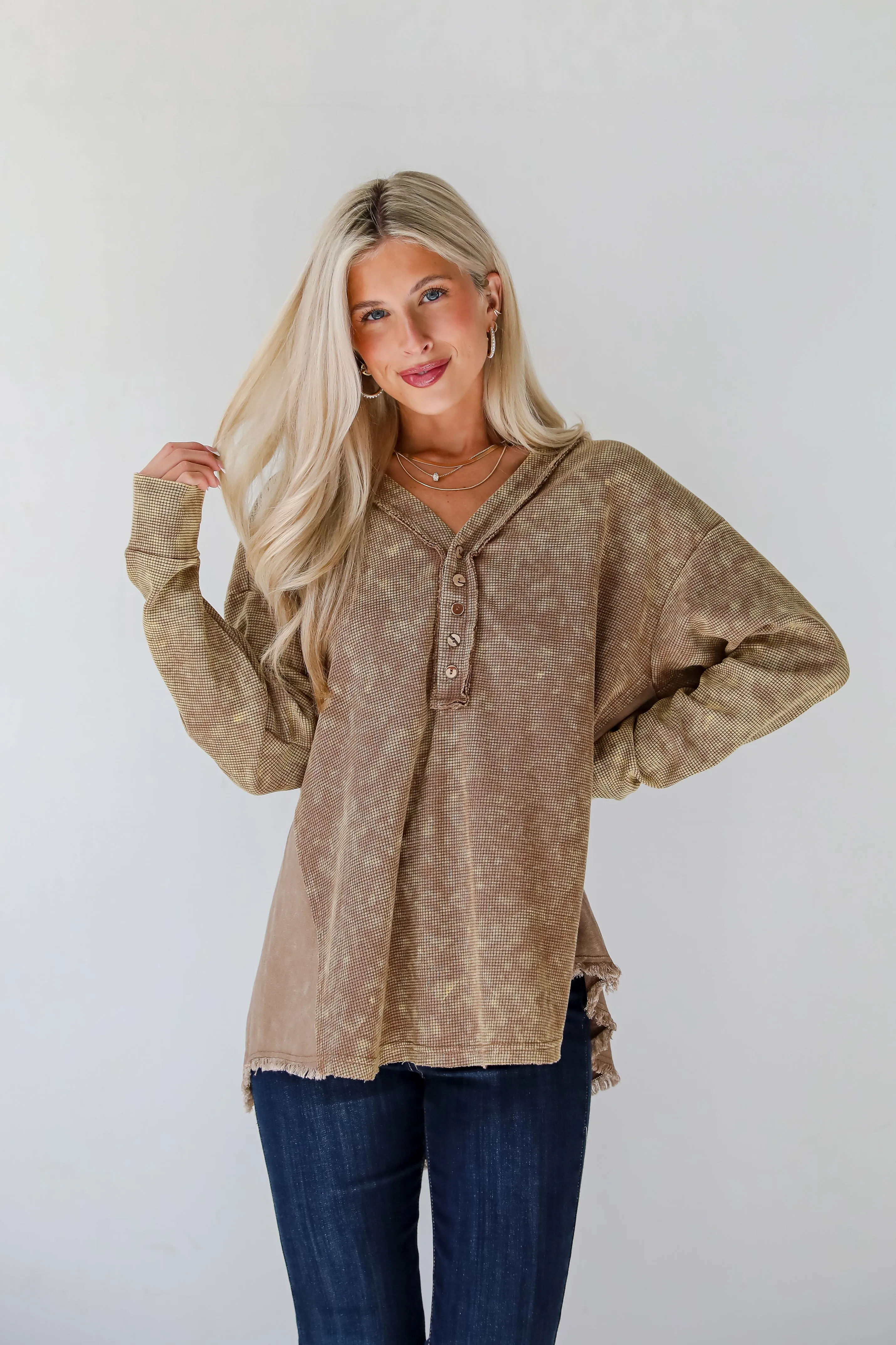 FINAL SALE - Convincing Composure Mocha Waffle Knit Henley Top