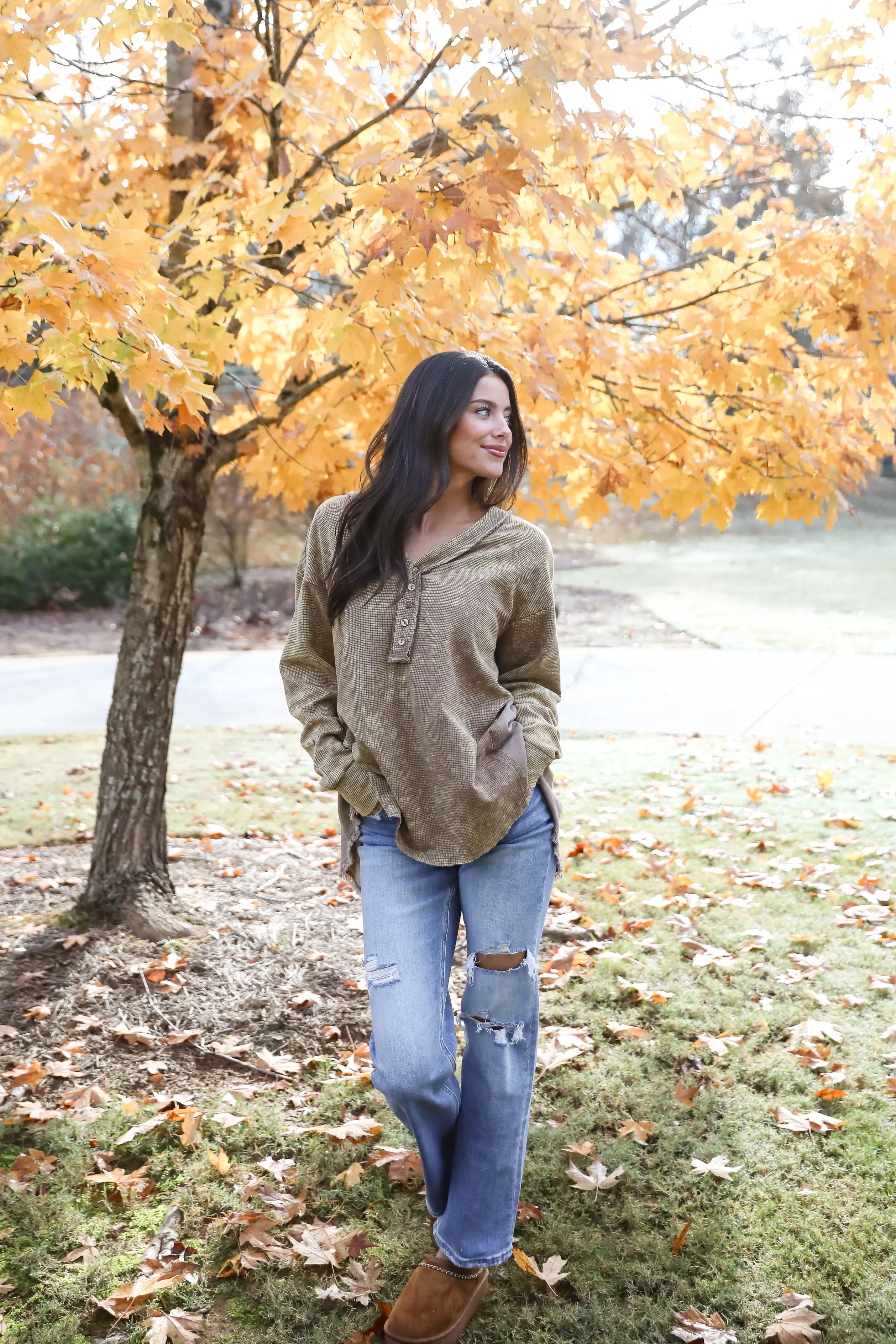 FINAL SALE - Convincing Composure Mocha Waffle Knit Henley Top