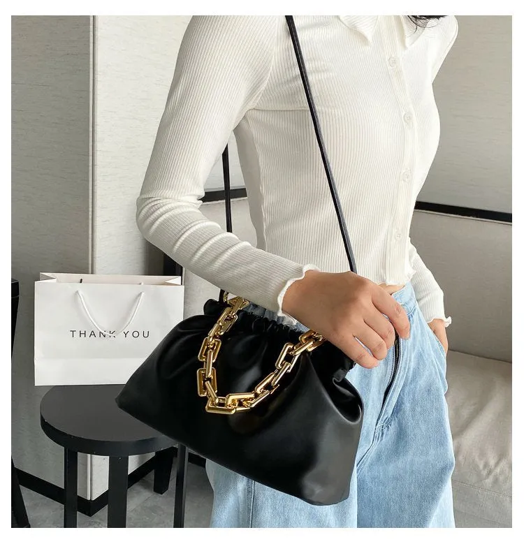 Gold Chains Dumpling Clip Purse Bag Women Cloud Underarm Shoulder Bag
