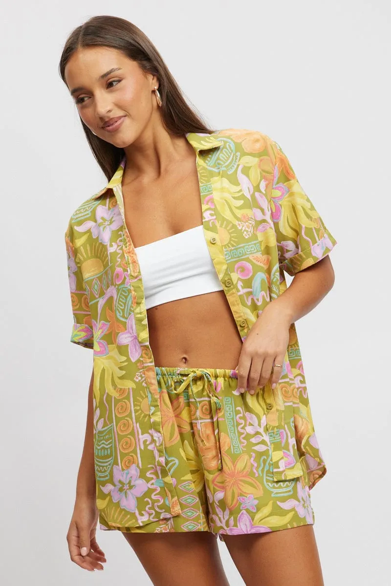 Green Abstract Relaxed Shirt Short Sleeve