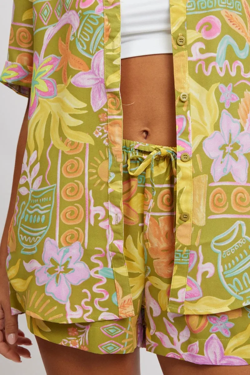 Green Abstract Relaxed Shirt Short Sleeve