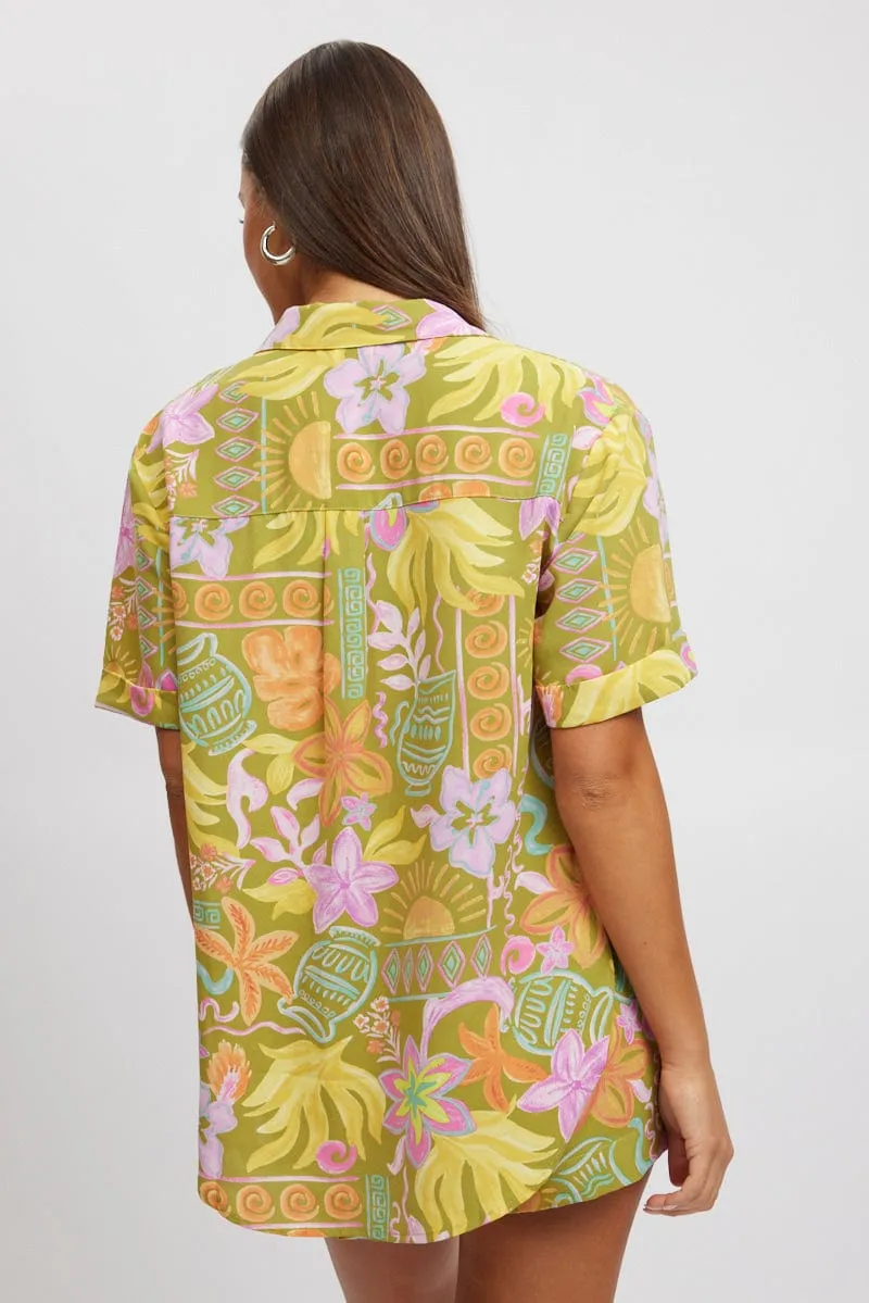 Green Abstract Relaxed Shirt Short Sleeve